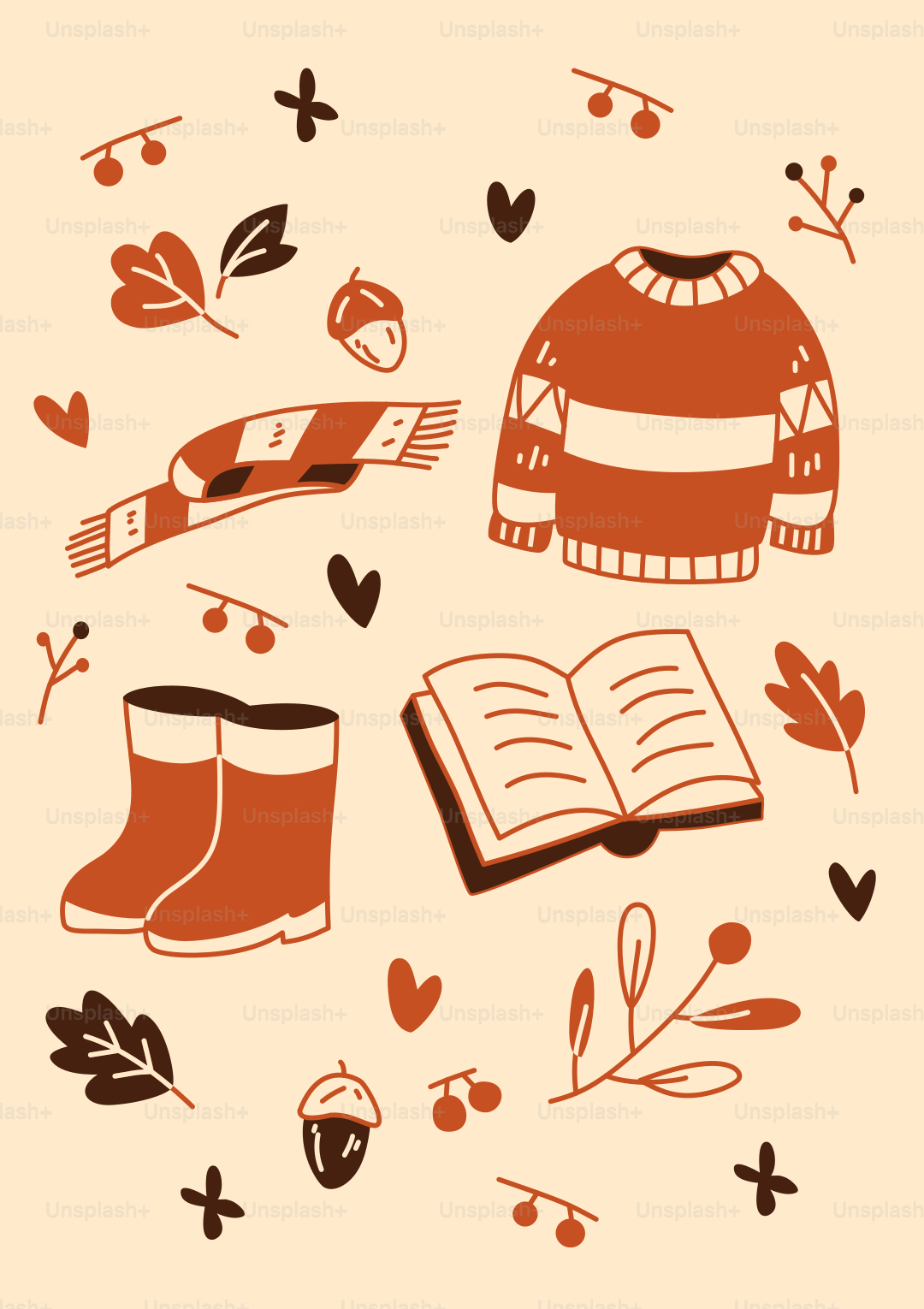 Autumn sweater, scarf, boots, and open book illustration