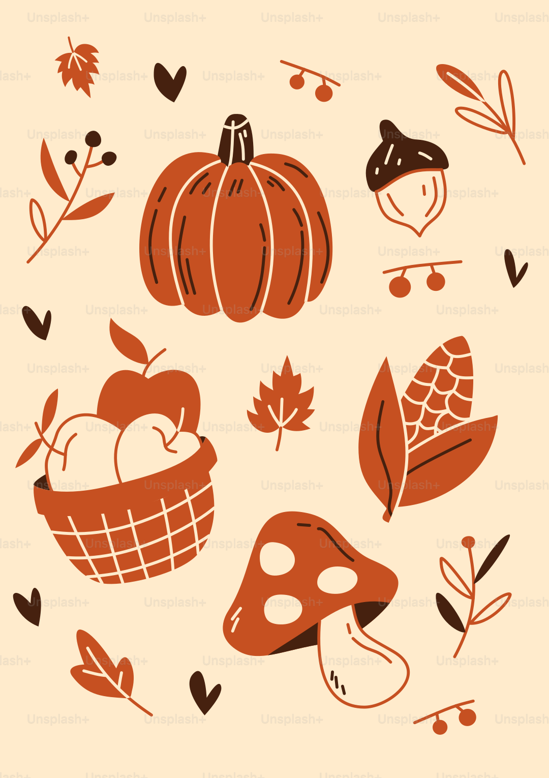 Autumn harvest elements including pumpkin, apples, and mushroom