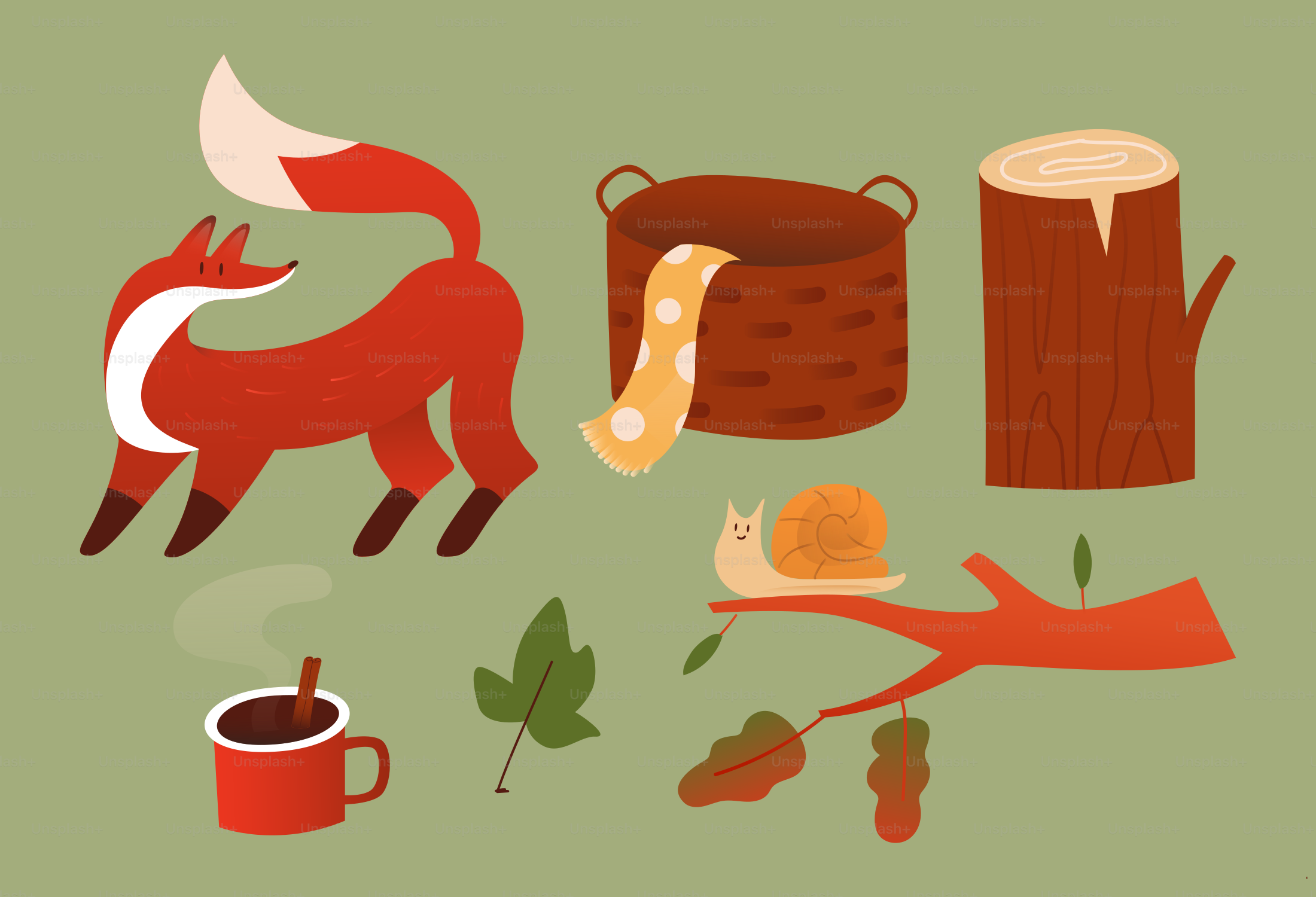 Renard, panier, souche, escargot sur branche et boisson chaude.