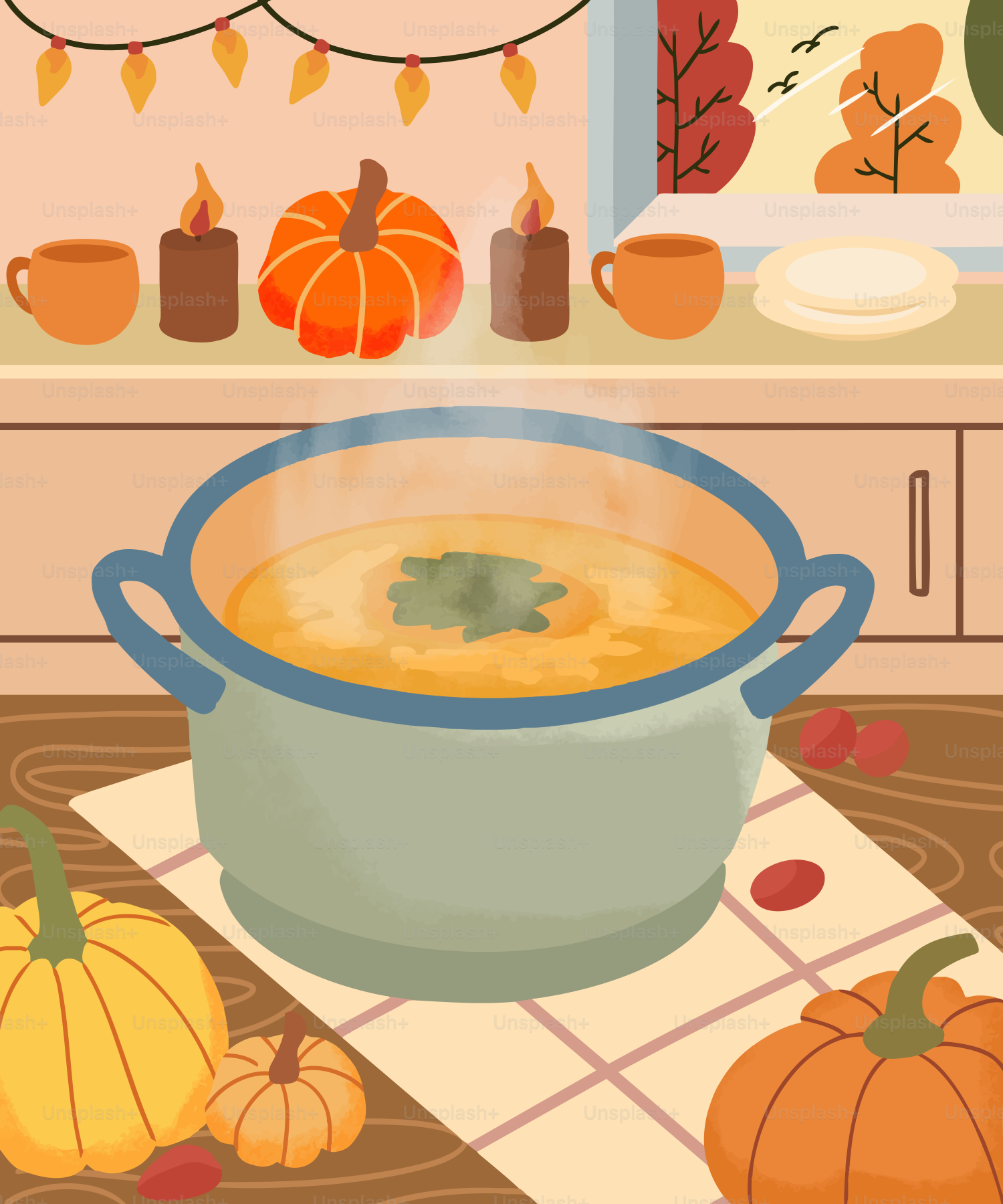 A pot of steaming soup with pumpkins and autumn decor.