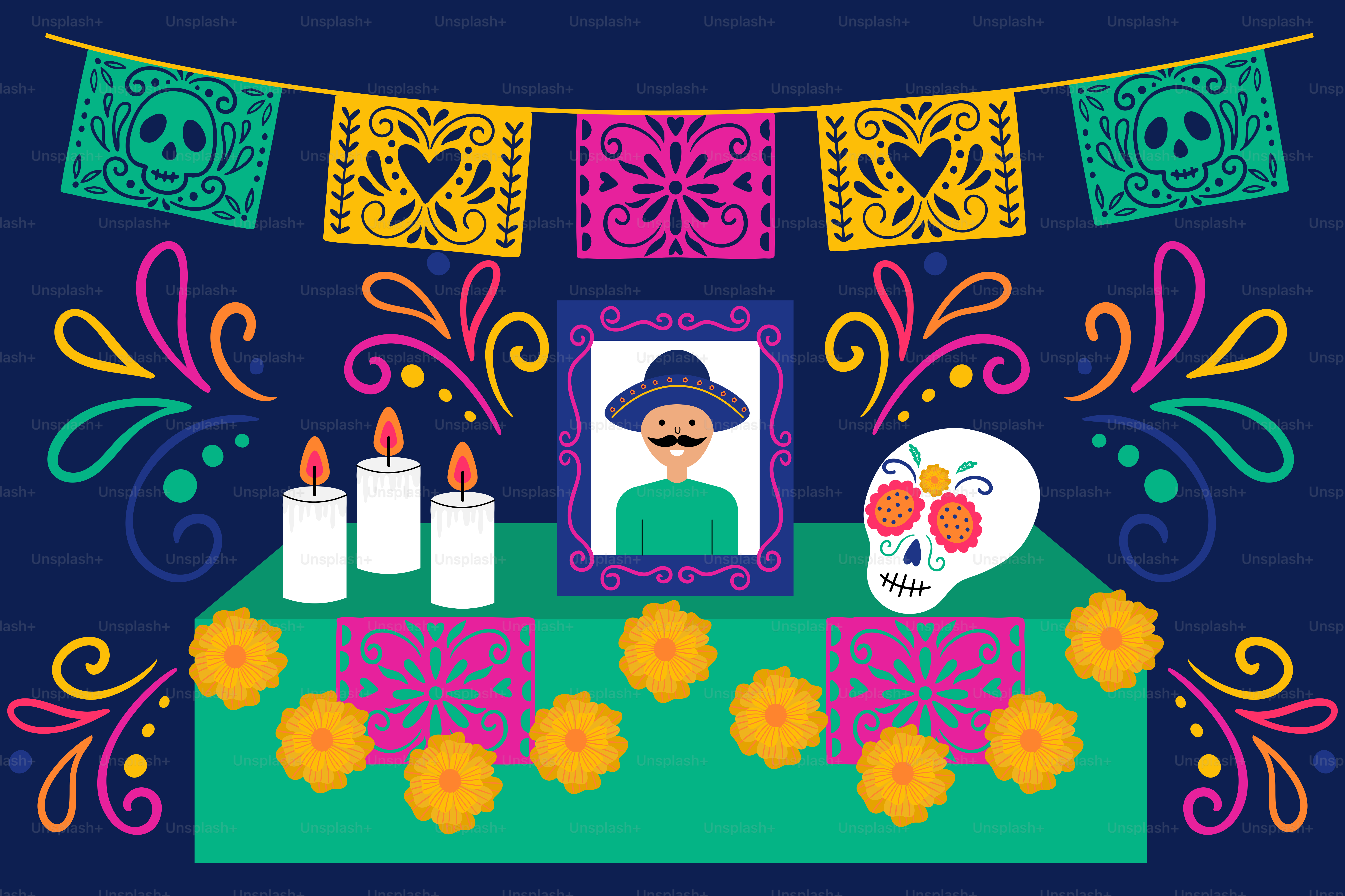 해골과 촛불이 있는 죽은 자의 날 제단 벡터 – Unsplash의 꽃 이미지, image size:3000x2000