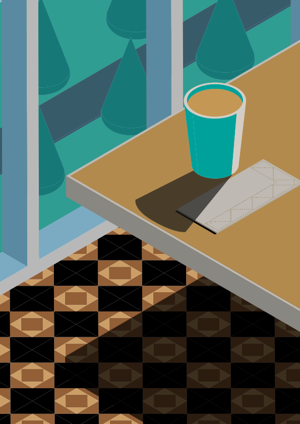 Un verre et une serviette sur une table près d’une fenêtre.