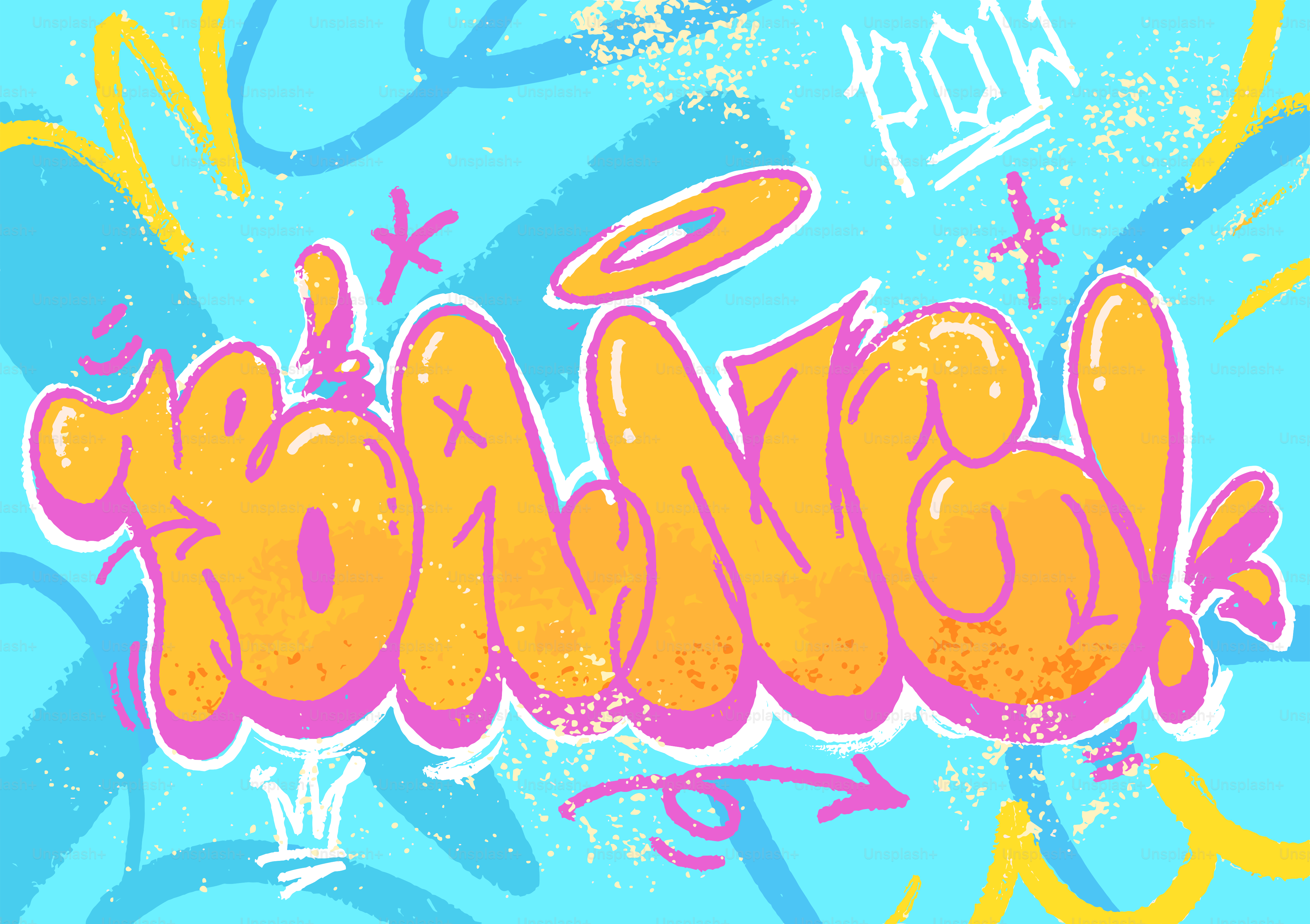 Graffiti art with orange lettering on blue background