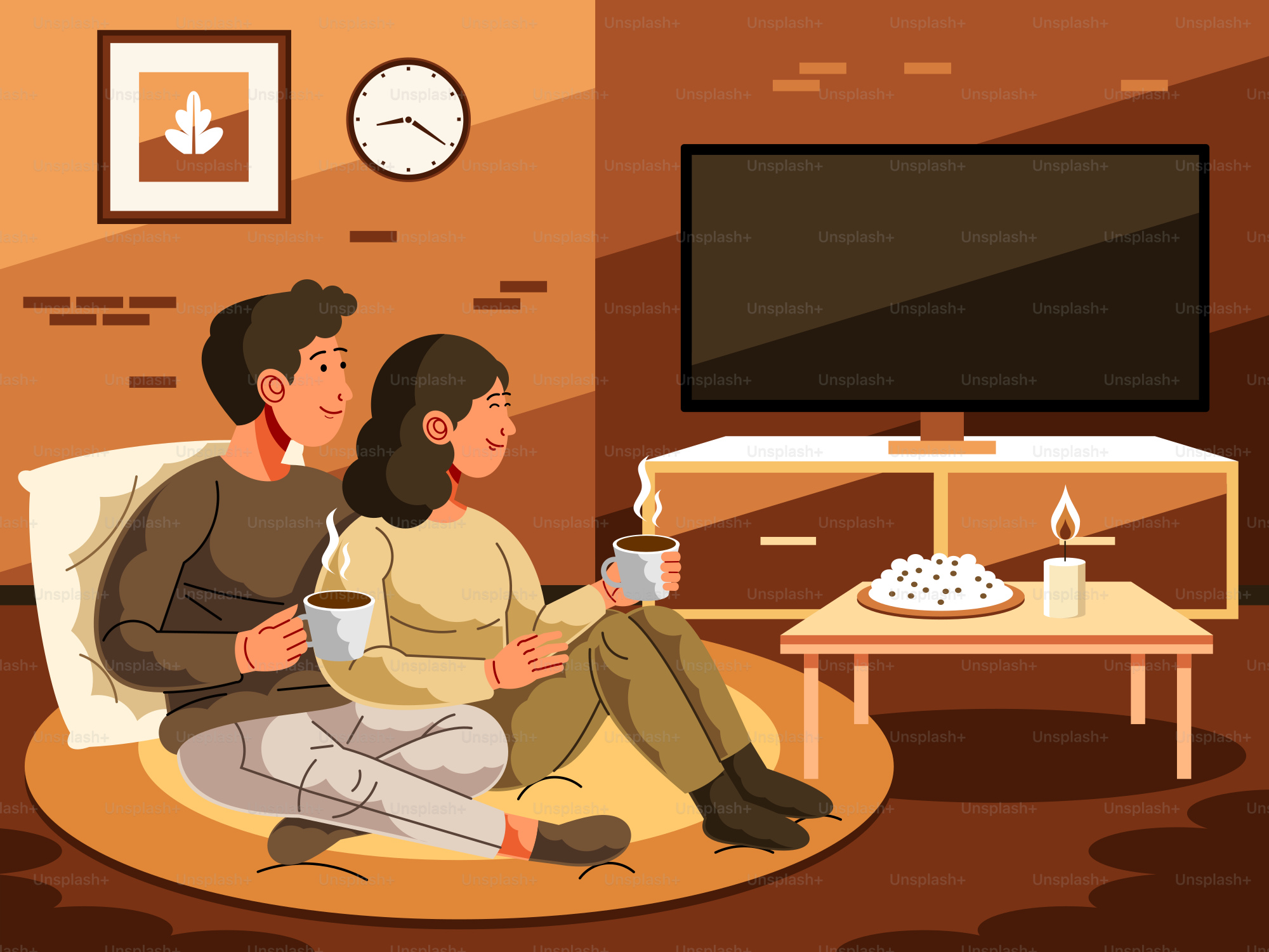 Pareja viendo la tele y tomando café