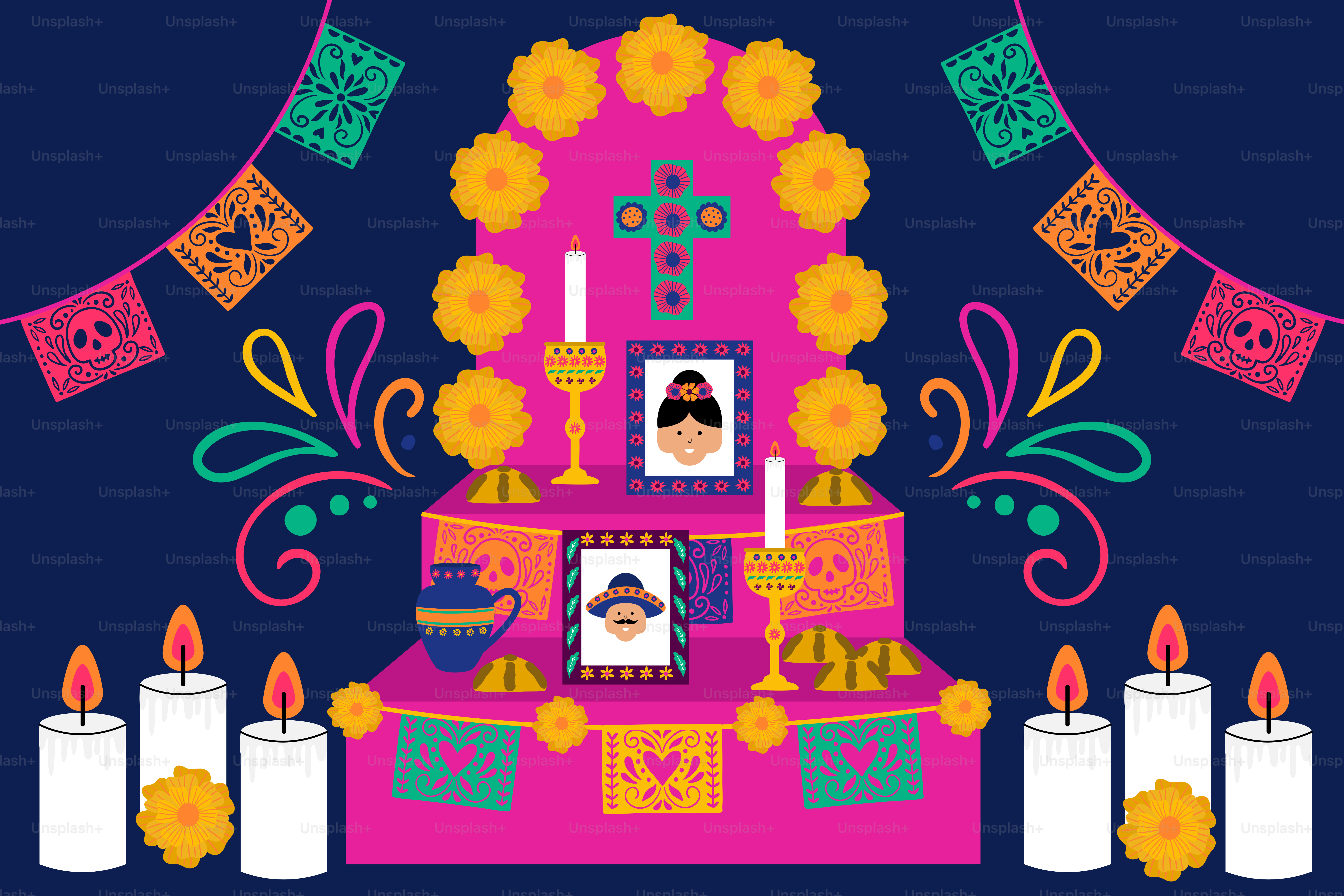 Day of the dead altar with candles and marigolds