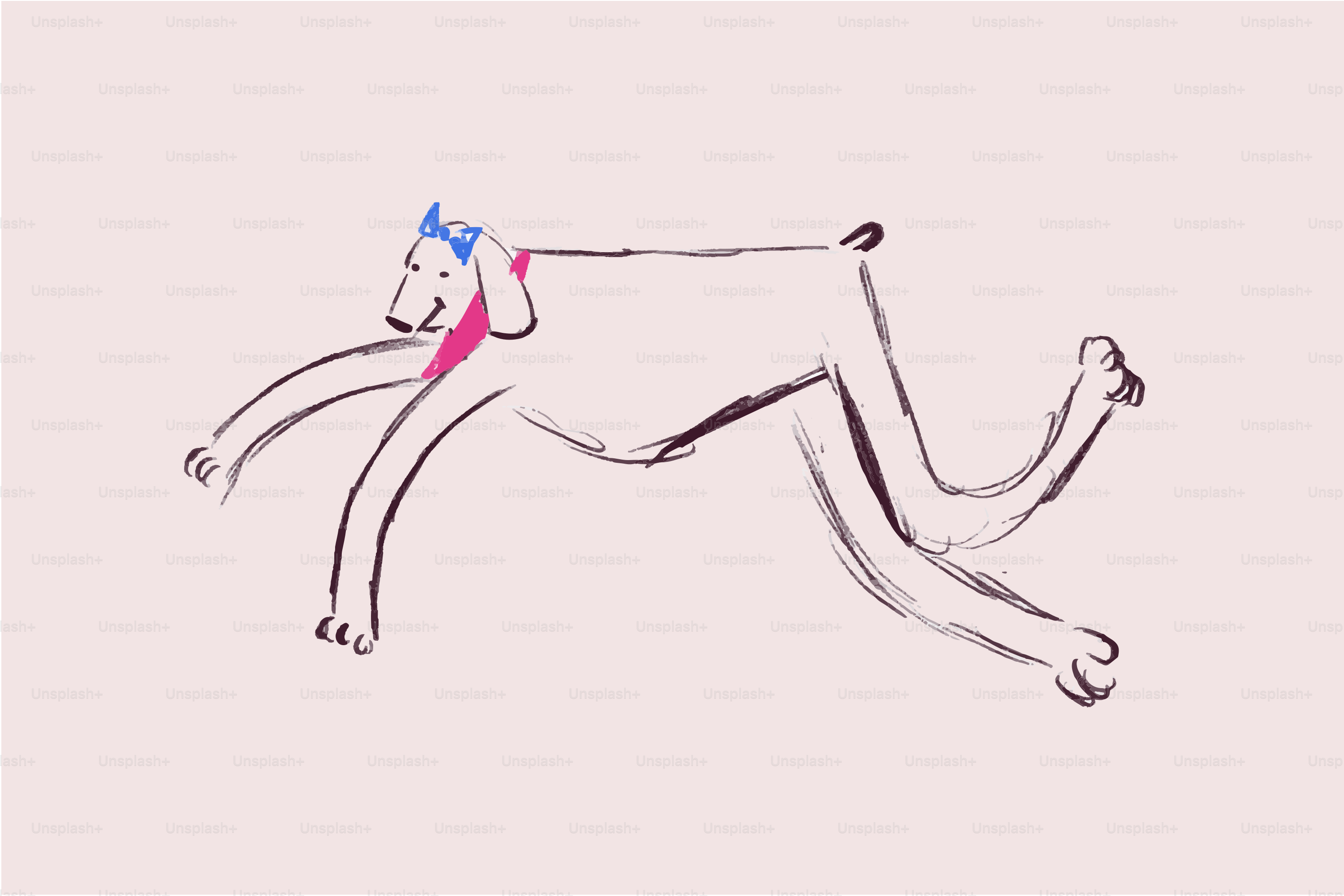 Line drawing of a dog with a blue headband running.