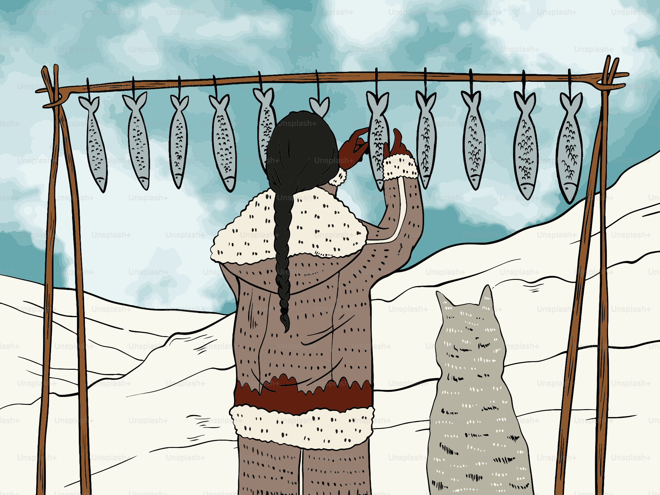 Die Person hängt Fische zum Trocknen, während ein Wolf zuschaut.