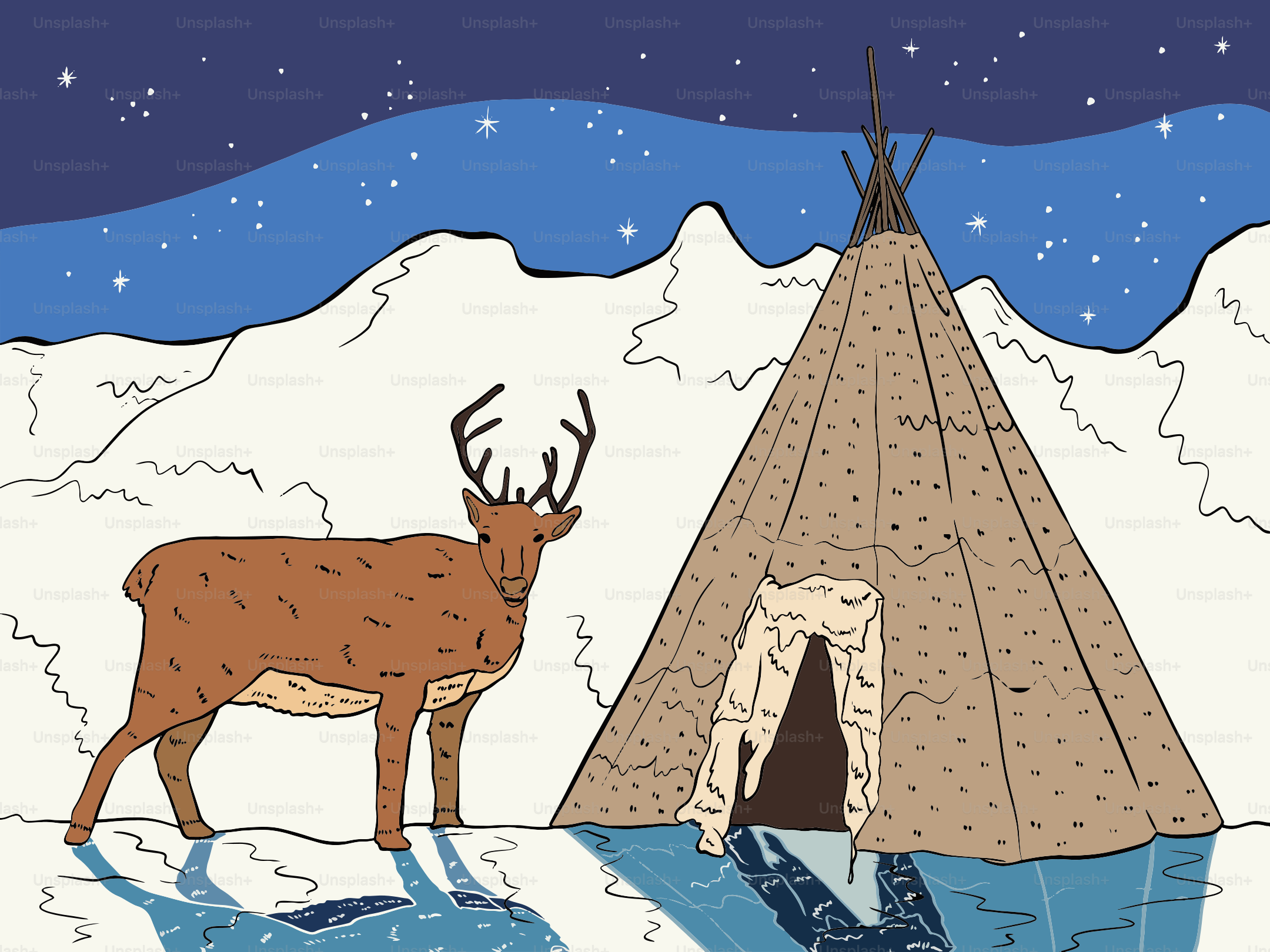 Reindeer stands by a teepee in a snowy landscape