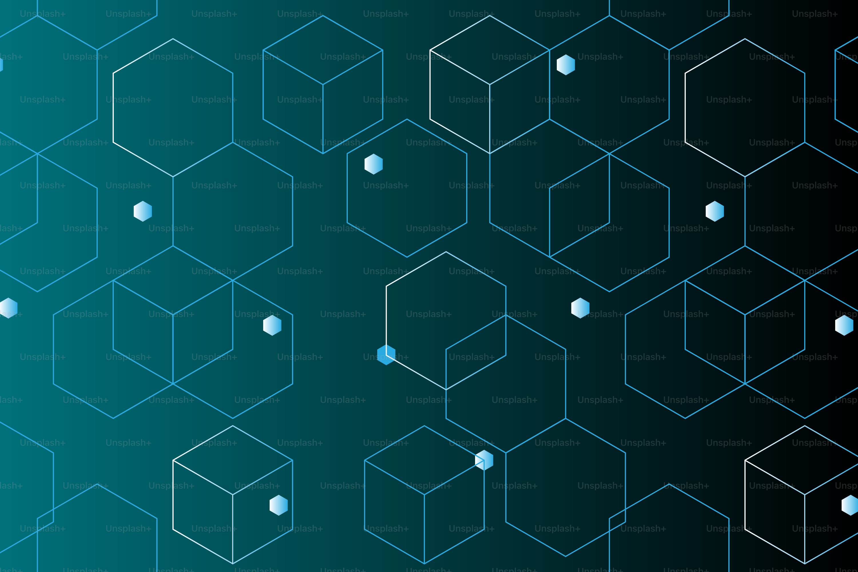 Geometric shapes and spheres on a dark teal background