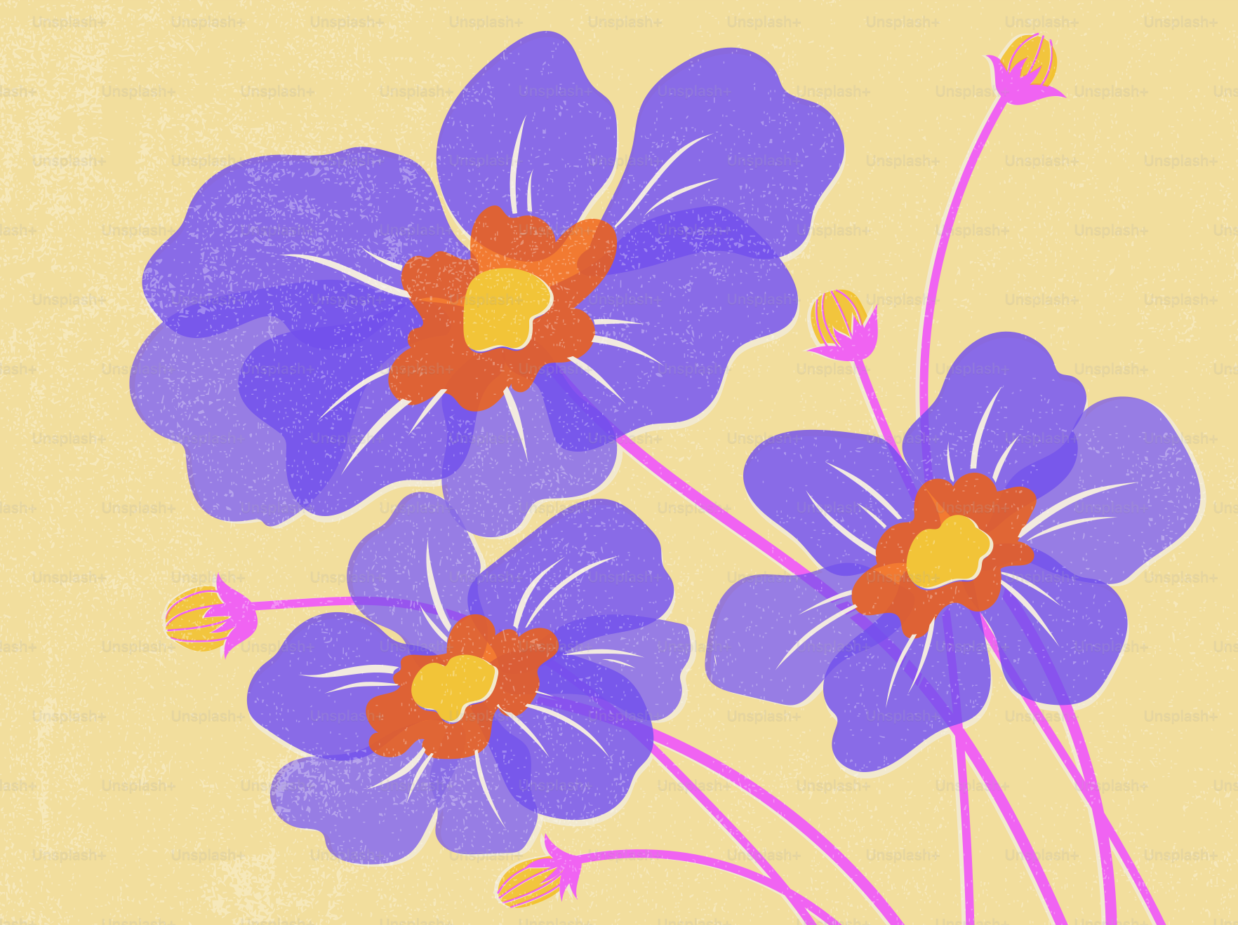 Tres flores moradas con el centro naranja sobre el amarillo.