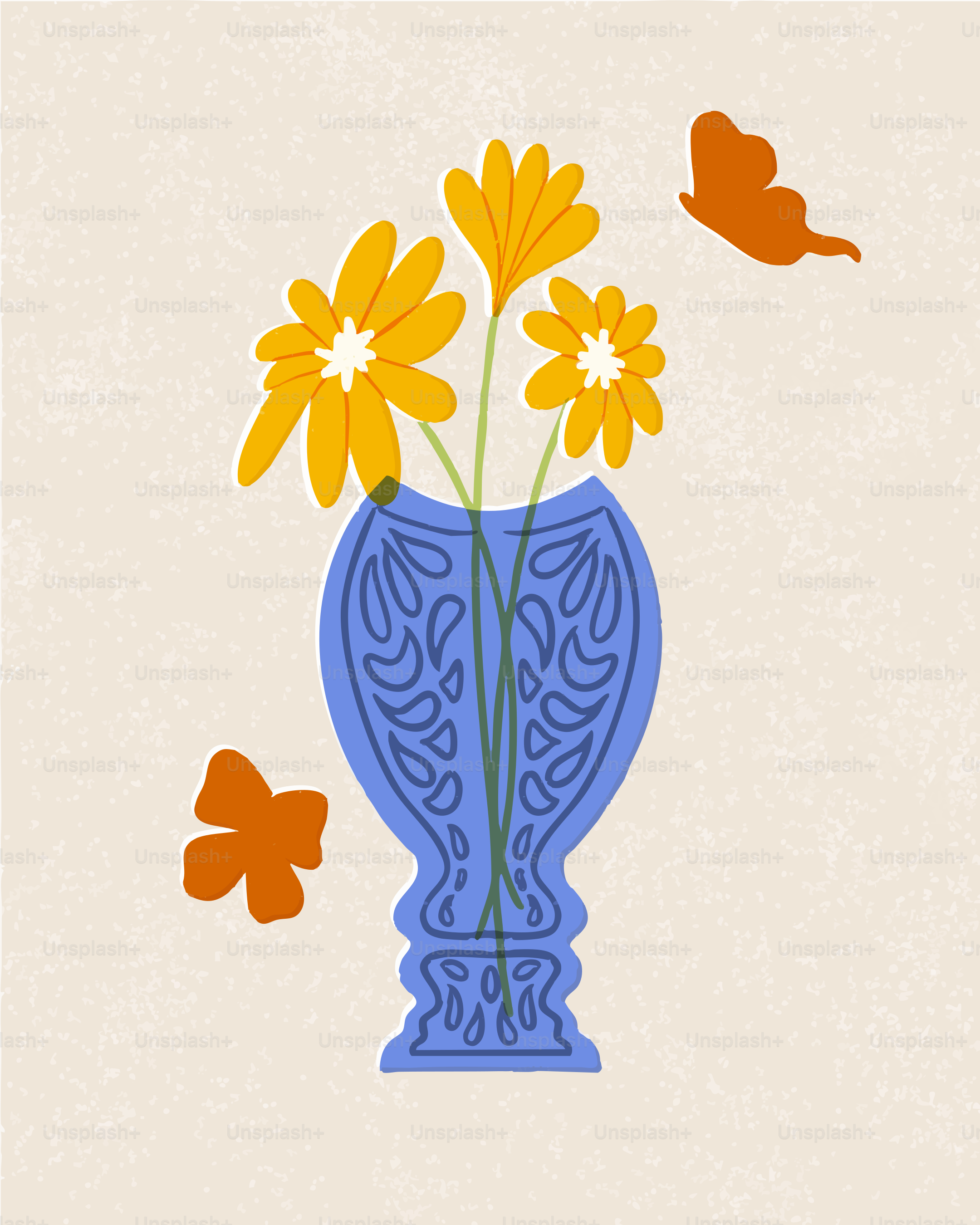 Yellow flowers in a blue vase with butterflies