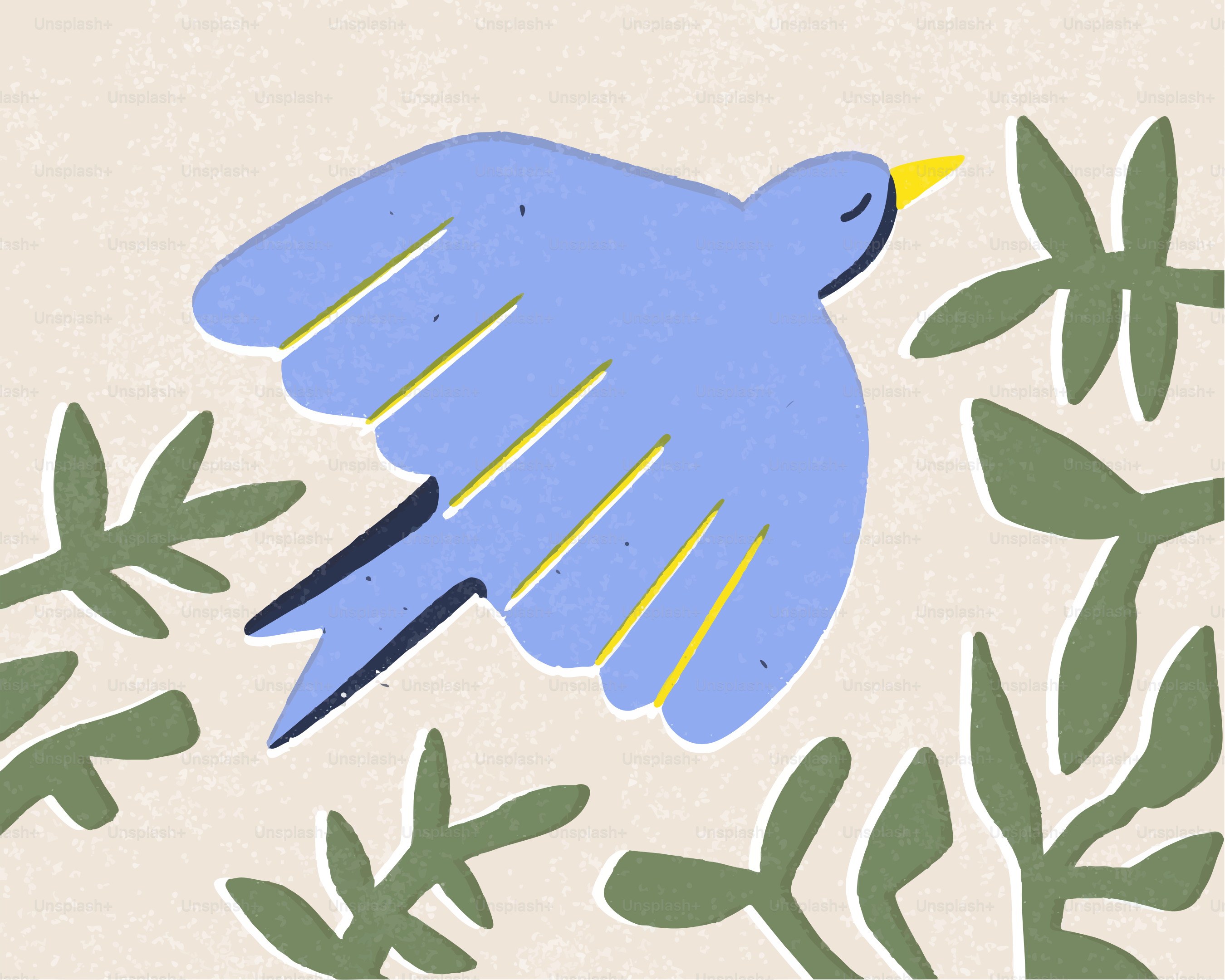 Um pássaro azul estilizado voa entre folhas verdes.