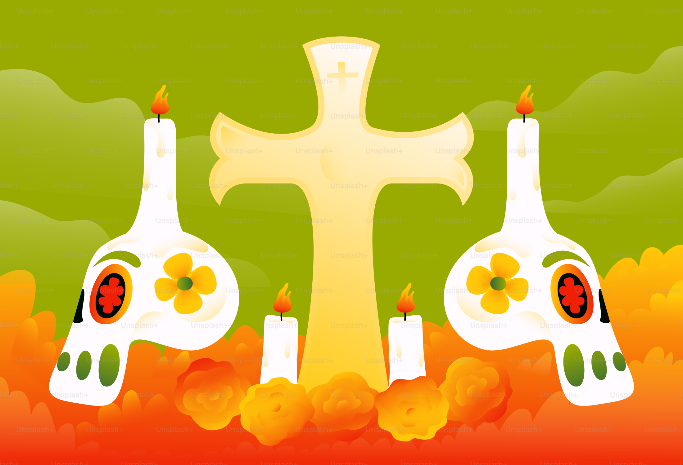 Day of the dead altar with skulls and candles