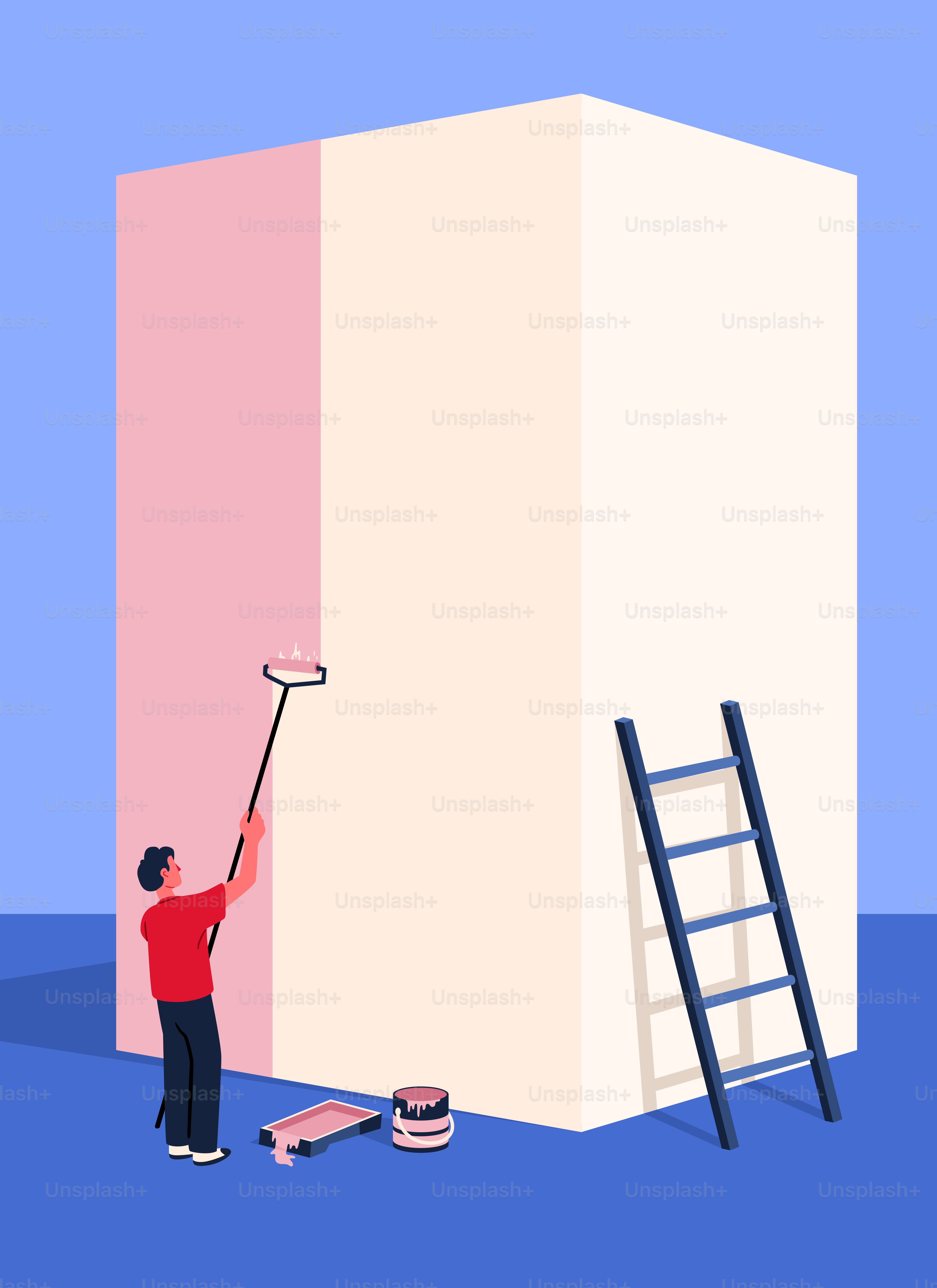 Man painting a large cube with a roller.