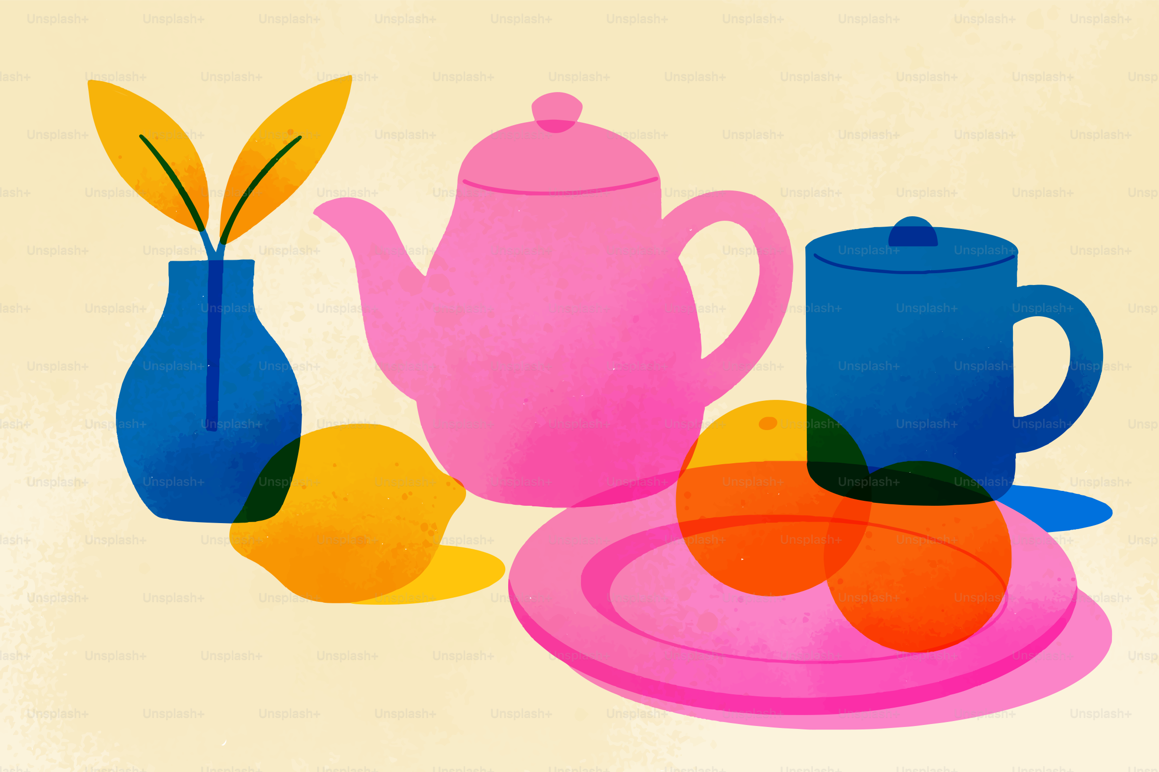 Still life of teapot, mug, fruit, and vase.