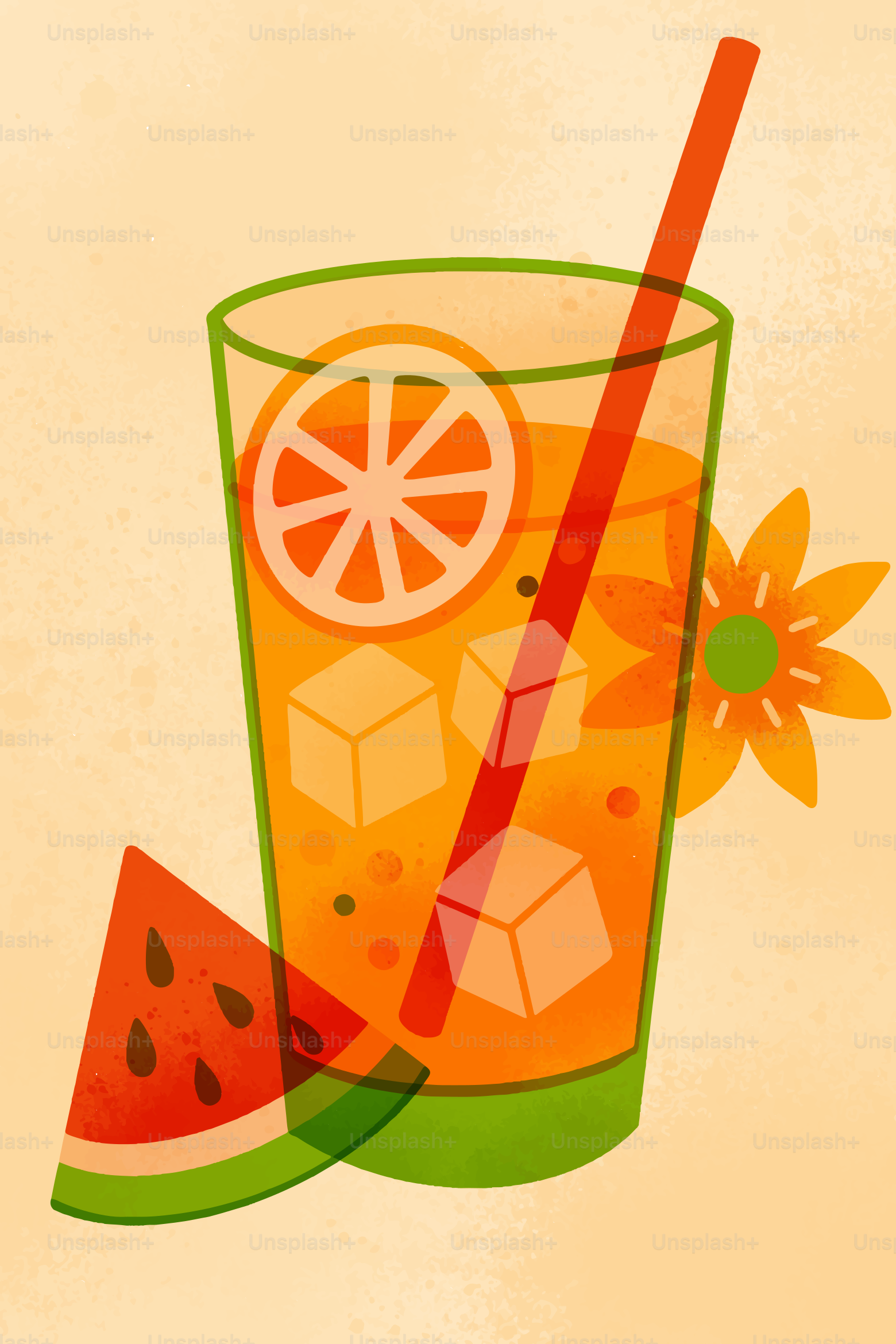 Glass of orange juice with ice, fruit, and straw.