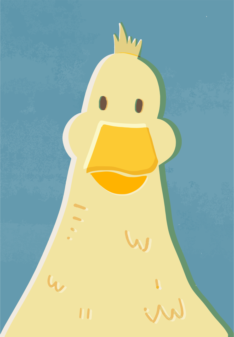 A stylized yellow duck with a blue background