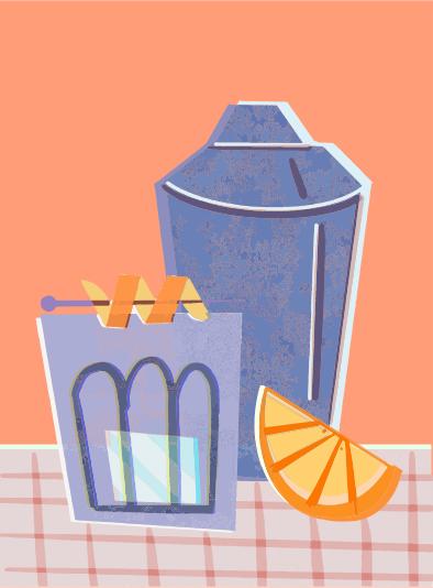 Cocktail shaker, drink, and orange slice on checkered surface.