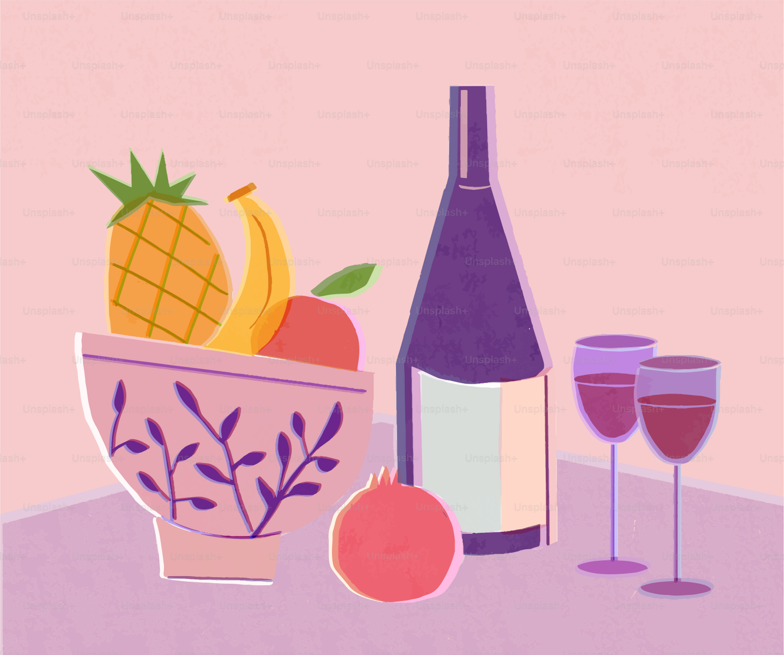 Still life with fruit, wine bottle, and glasses.