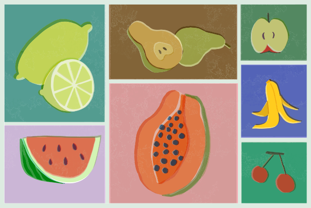 Collage of various colorful cut fruits on pastel backgrounds.