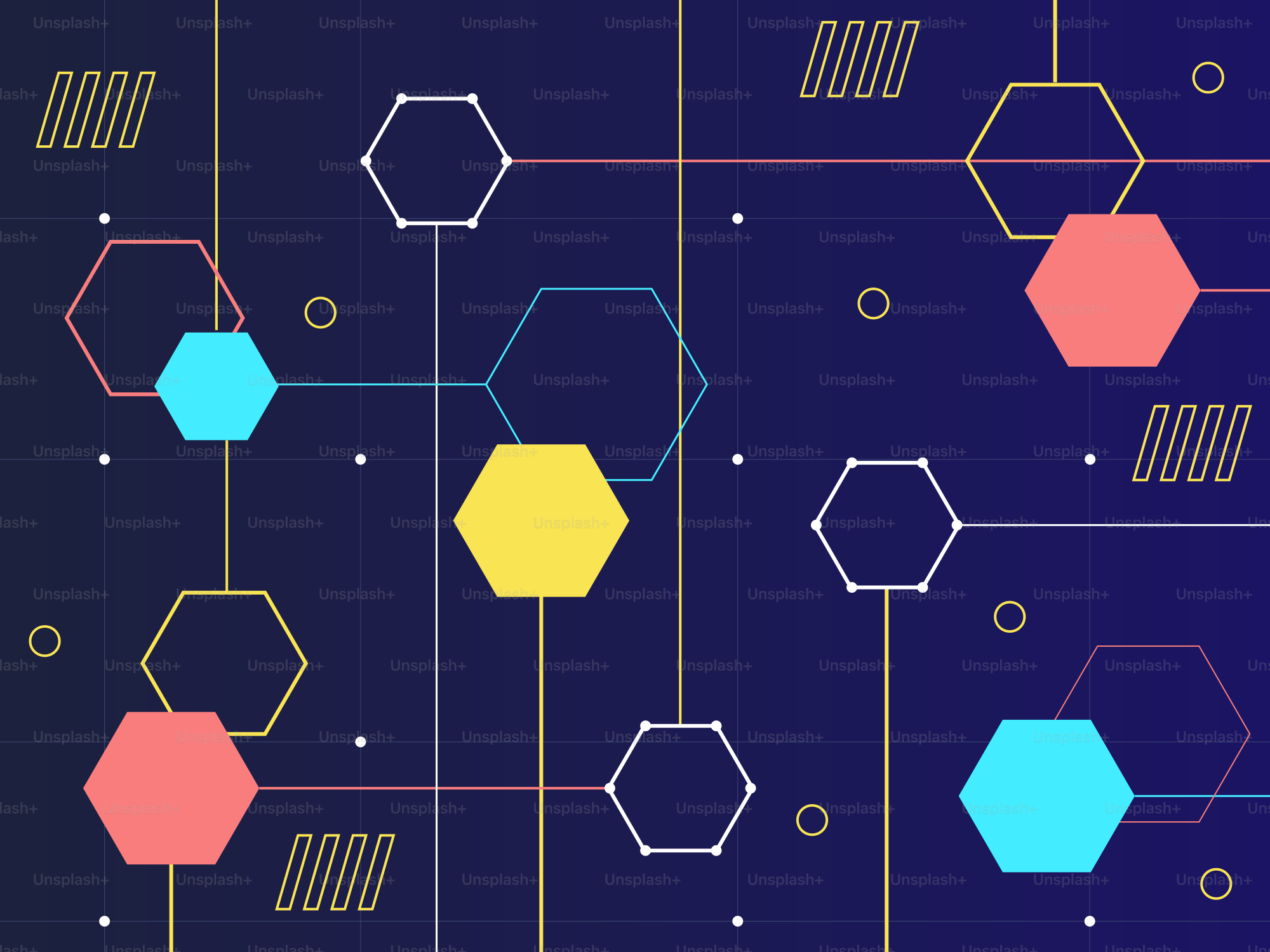 Abstract network of colorful hexagons on dark blue background