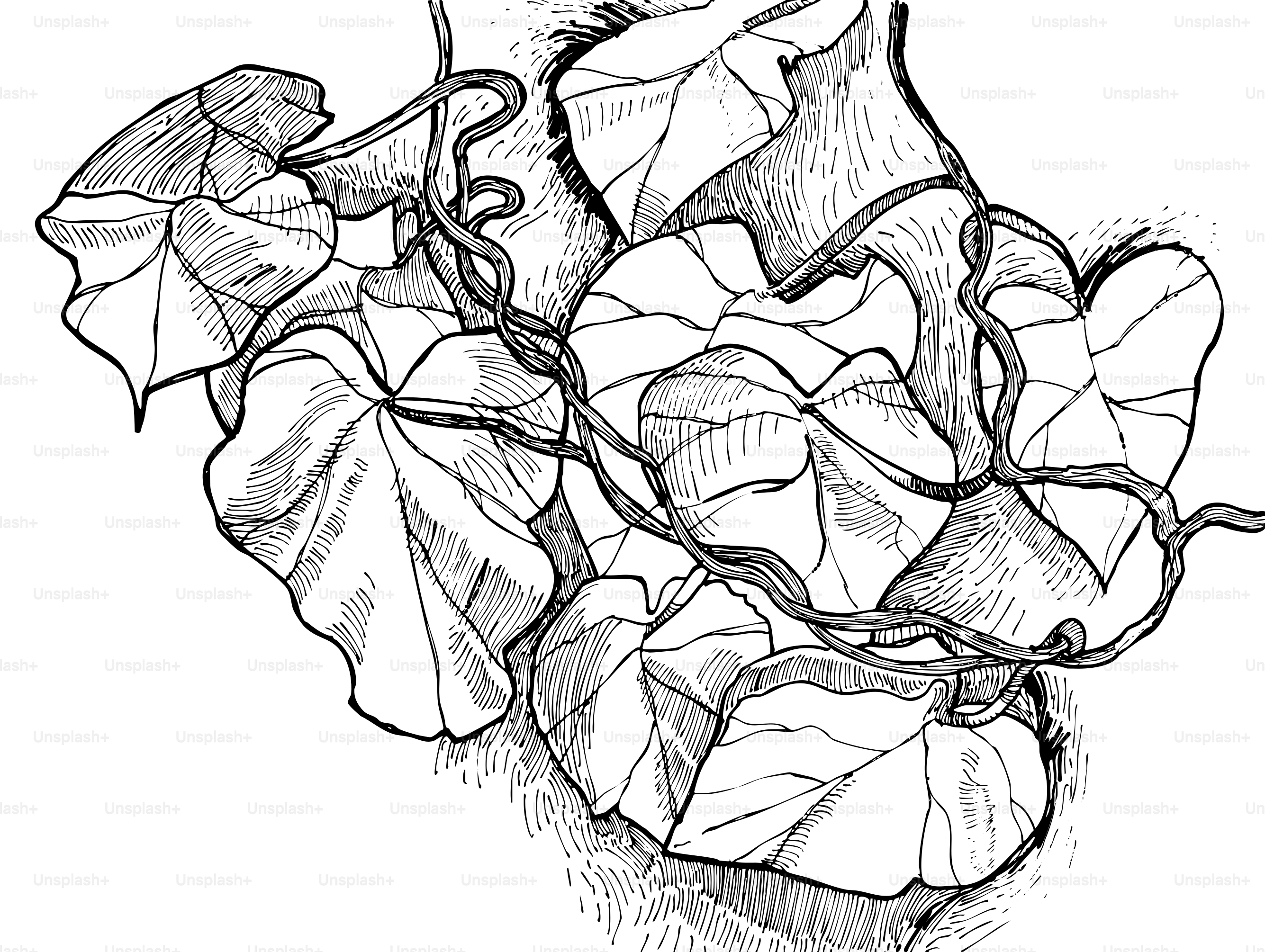 Detailed sketch of intertwined vines and large leaves