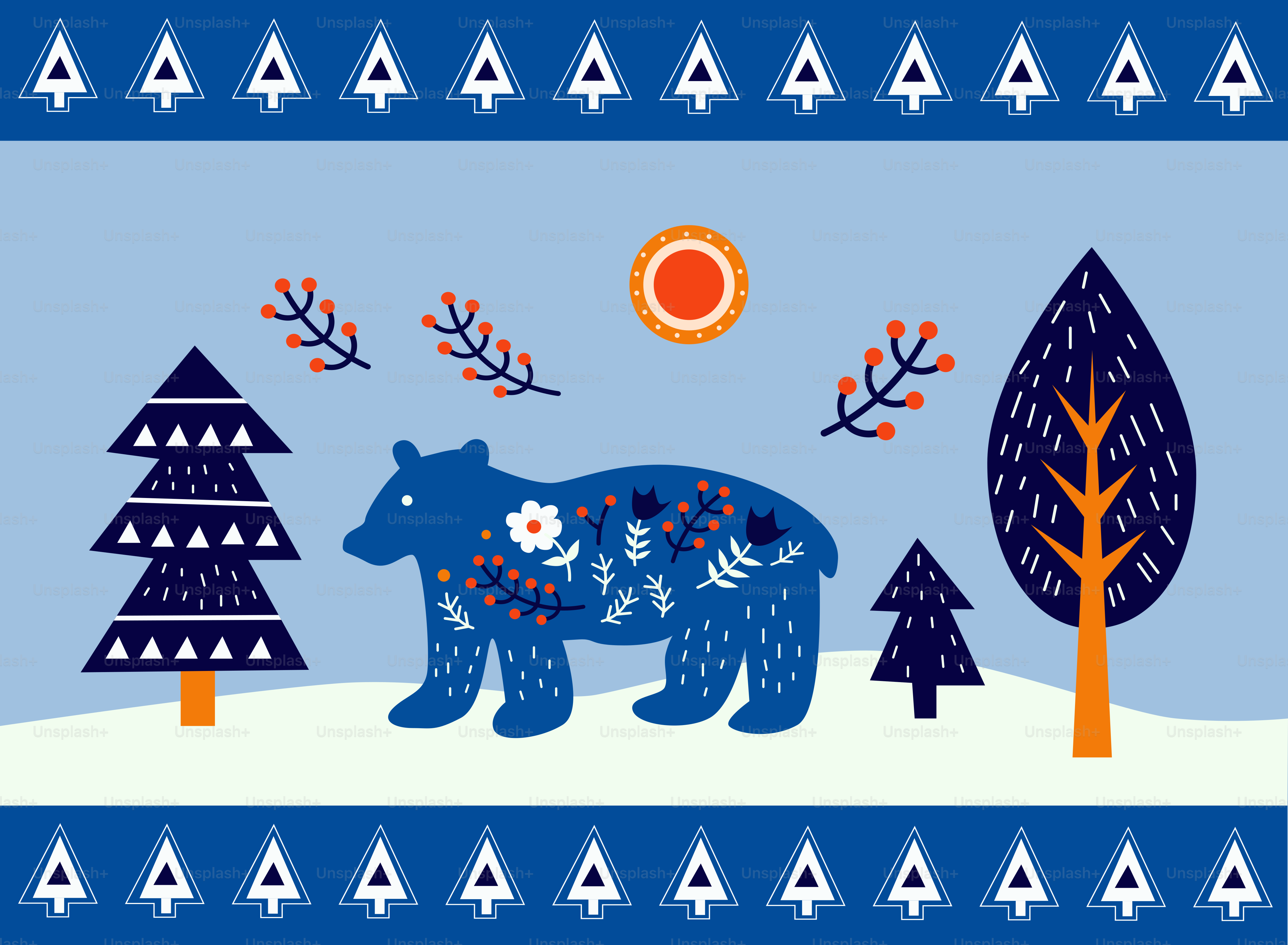 Stylized blue bear with floral patterns in winter forest
