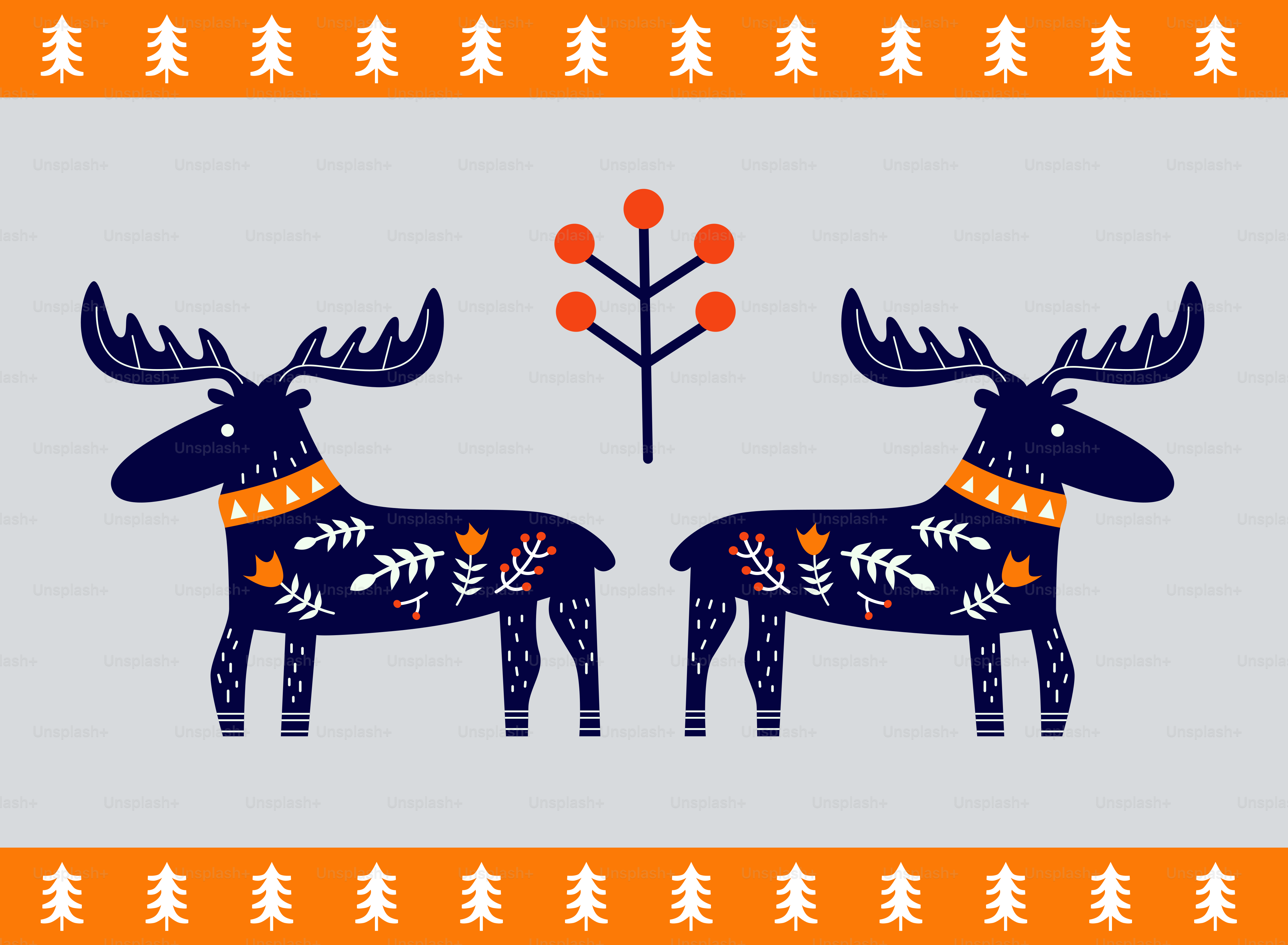 Two stylized moose with floral patterns and a tree.