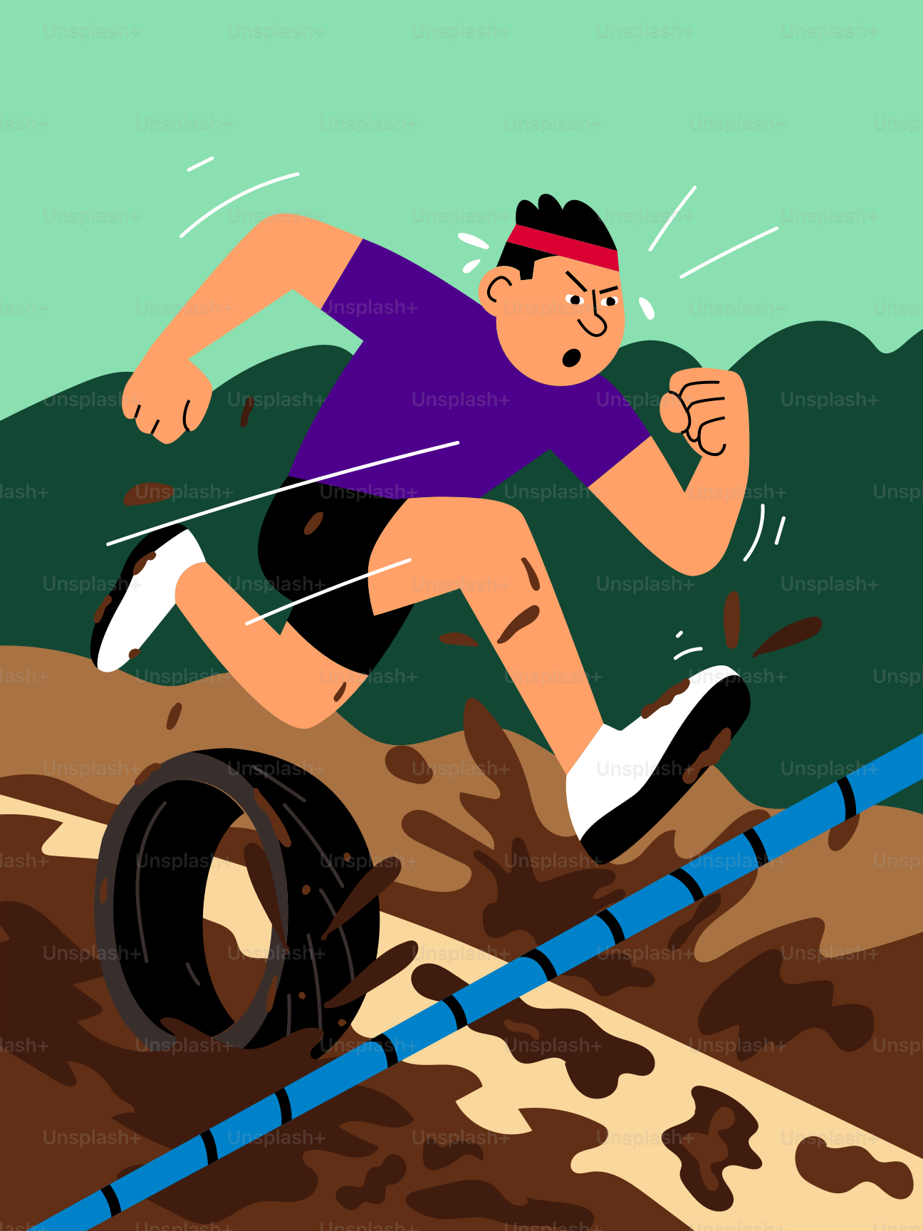 Man running through muddy obstacle course