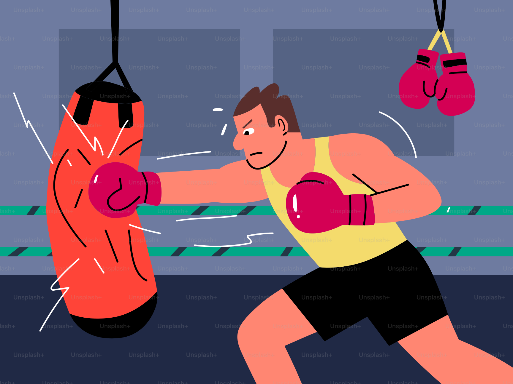 Man punching a red boxing bag in a ring.