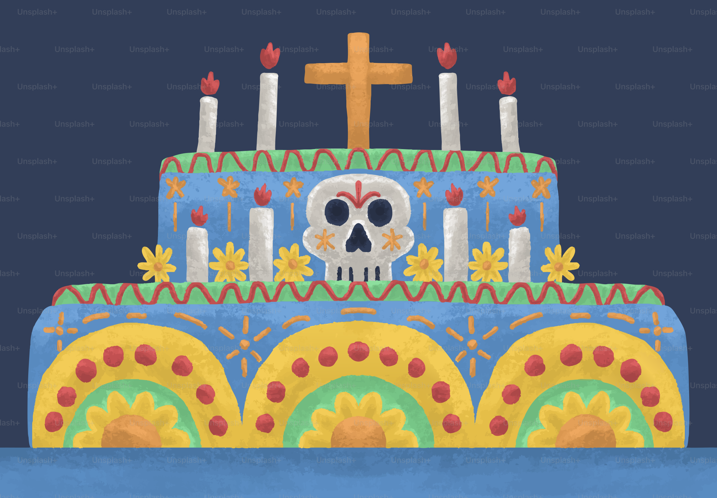 Decorated cake with skull and candles foral motifs