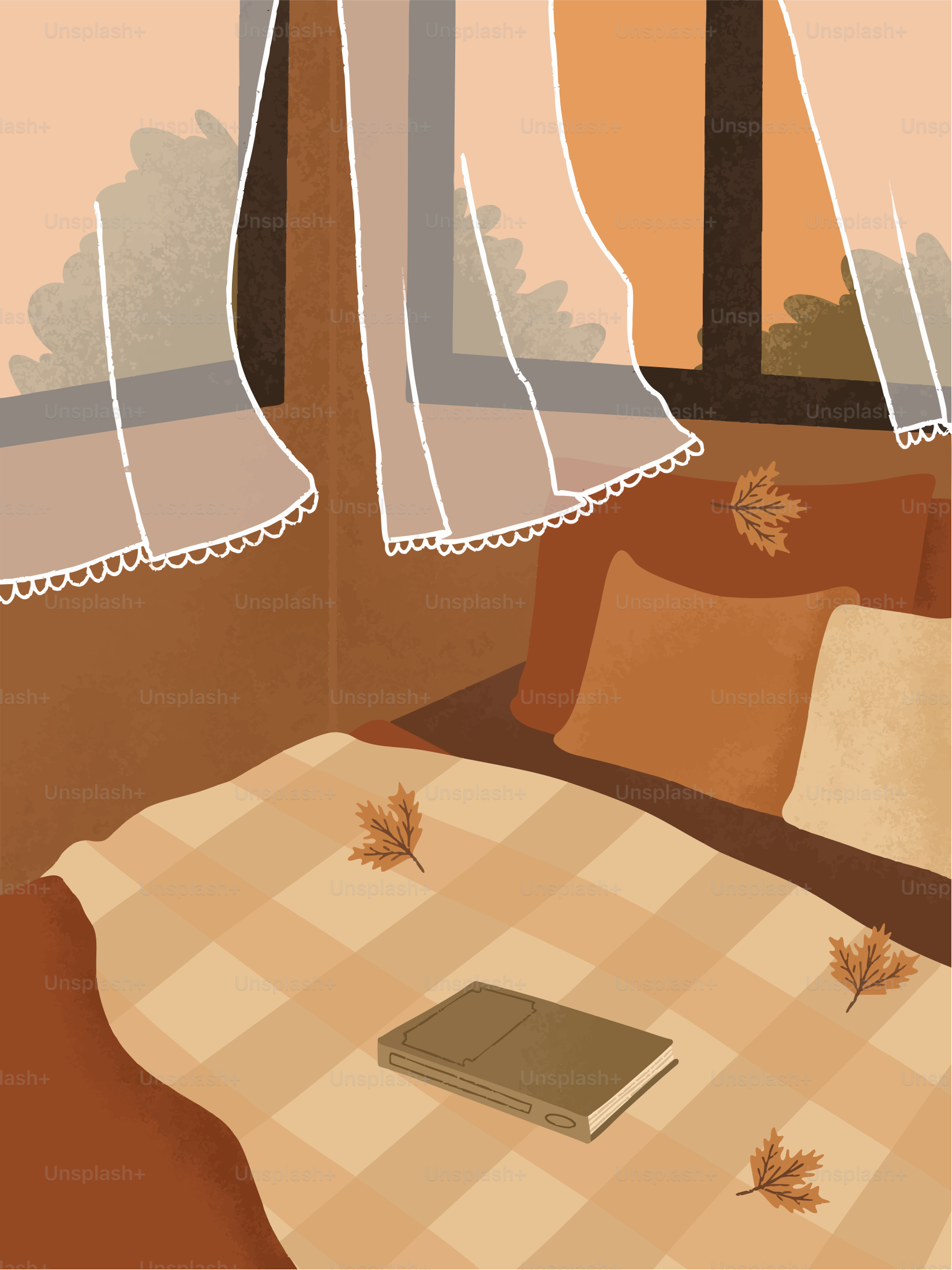 Cozy autumn scene with book and plaid blanket.