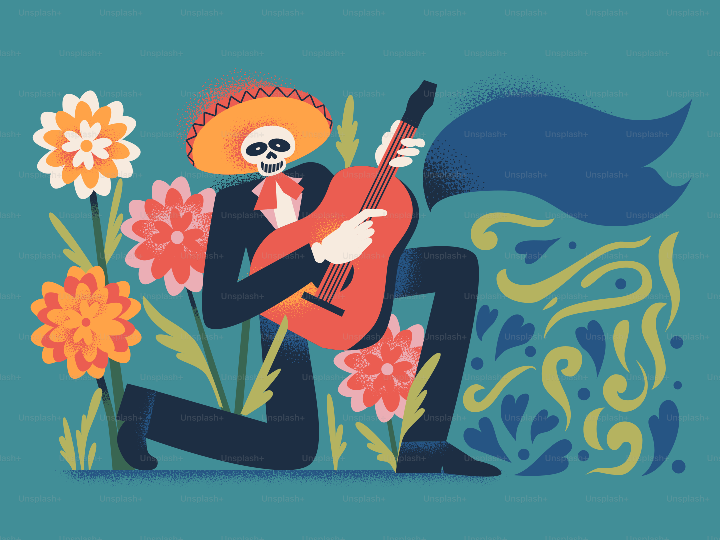 Skeleton mariachi playing guitar among flowers