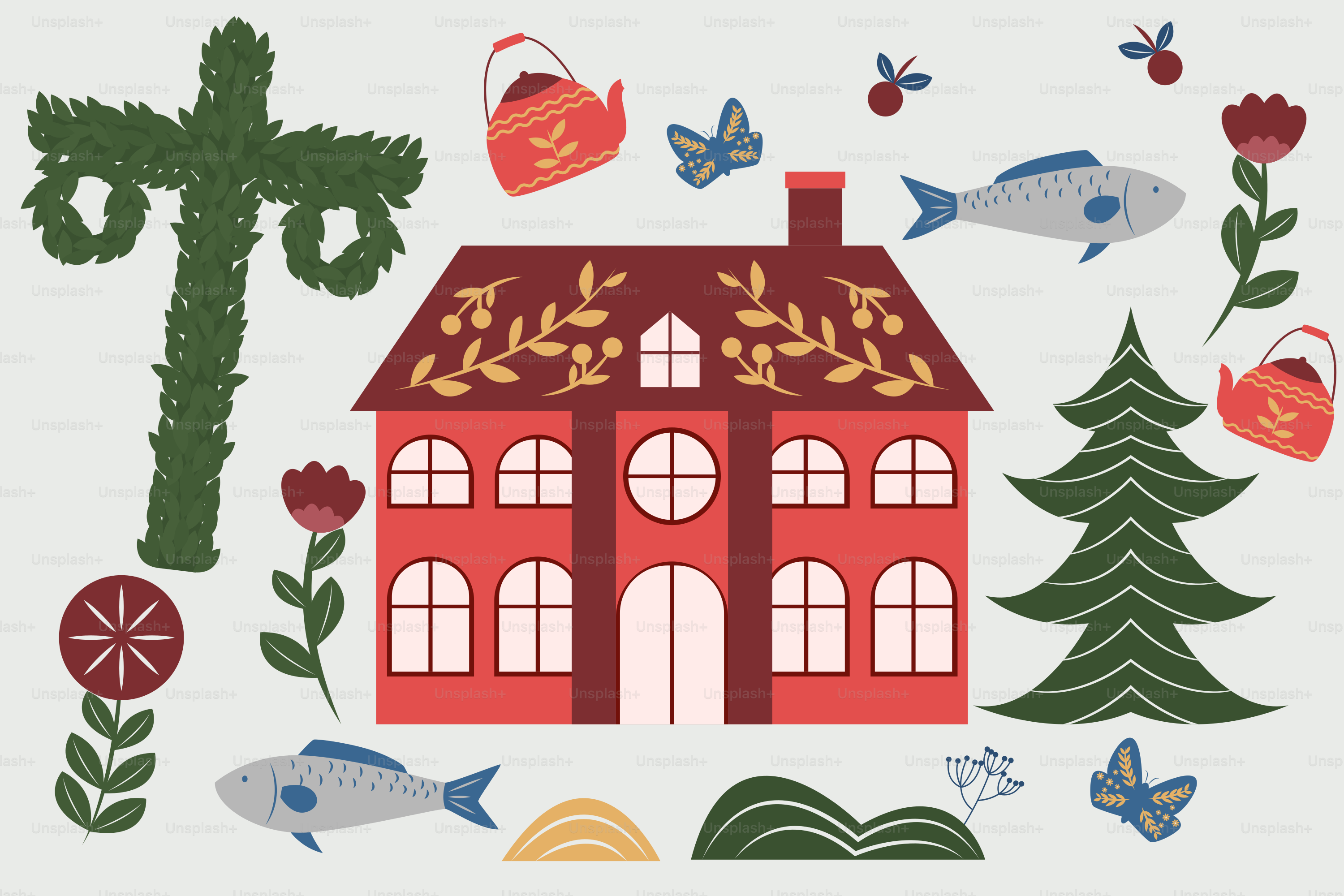 Folk art elements including a house, tree, and fish.