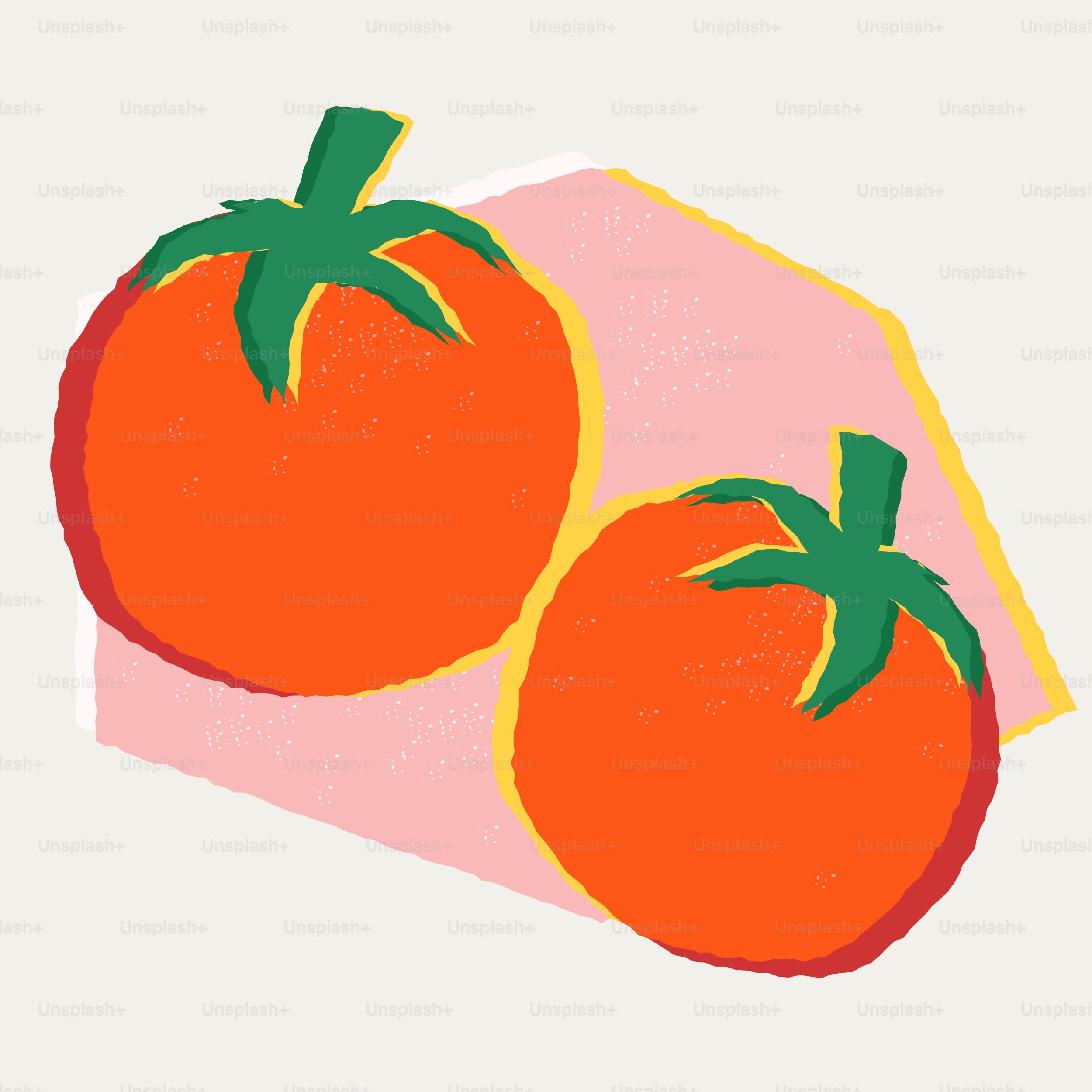 Two ripe red tomatoes with green stems.