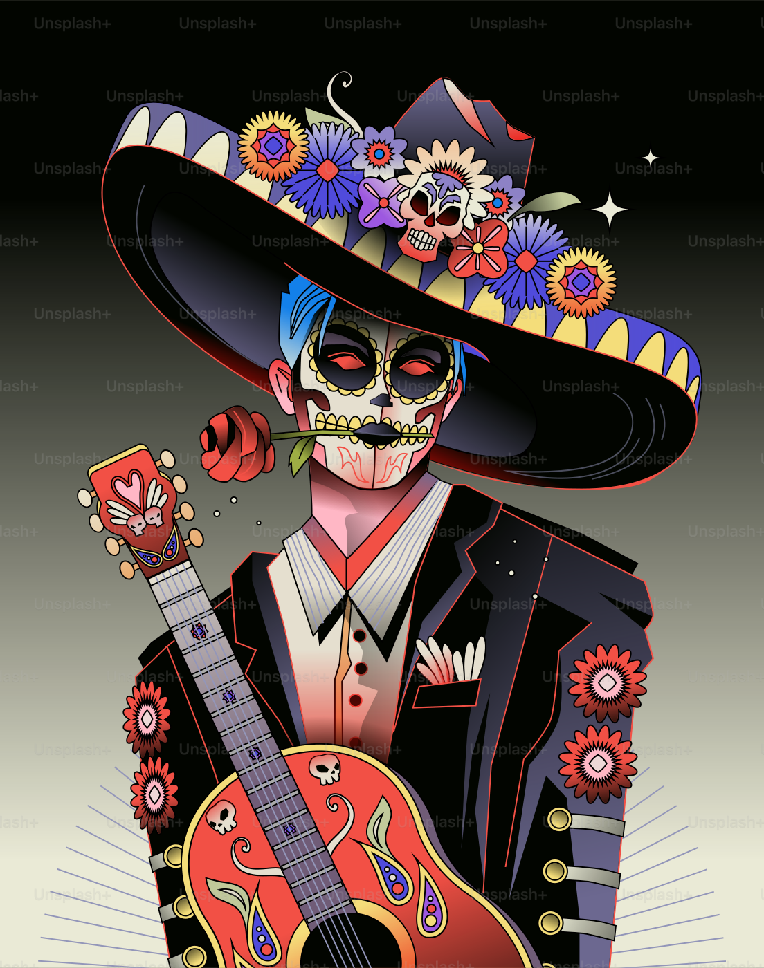 Hombre con sombrero con maquillaje de calavera de azúcar y guitarra