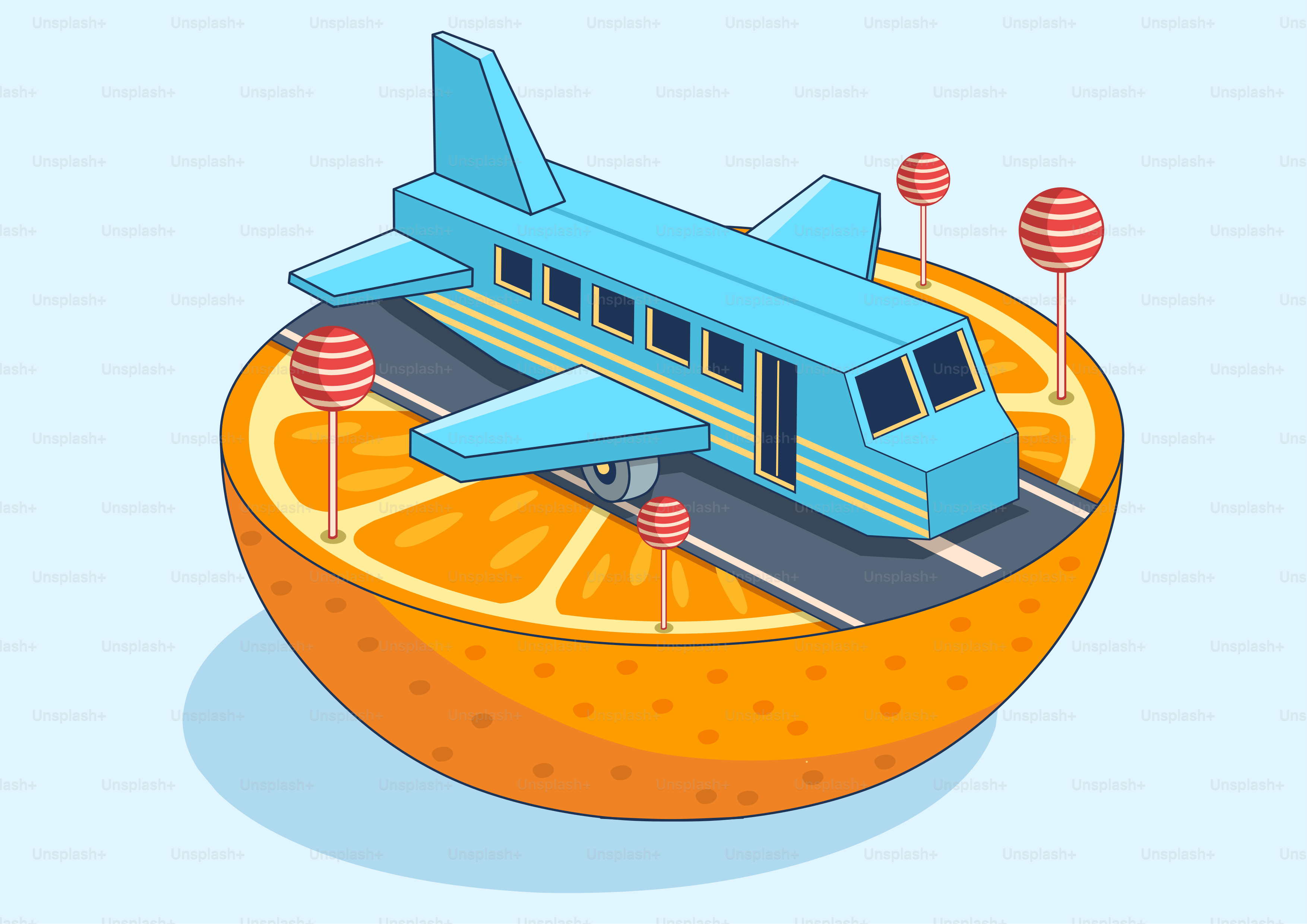 Blue airplane on orange slice runway with candy trees