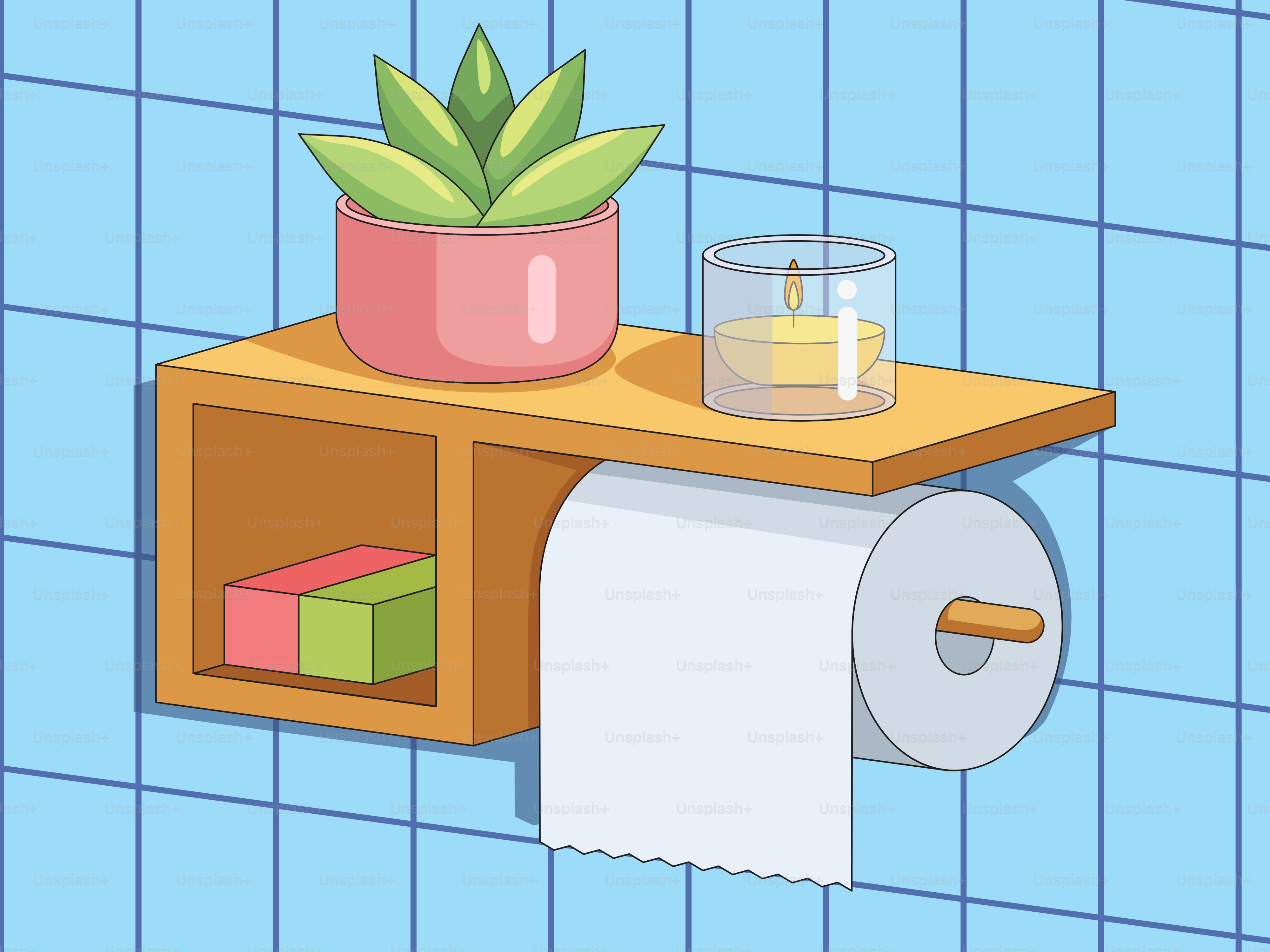 Étagère de salle de bain avec papier toilette et plante.