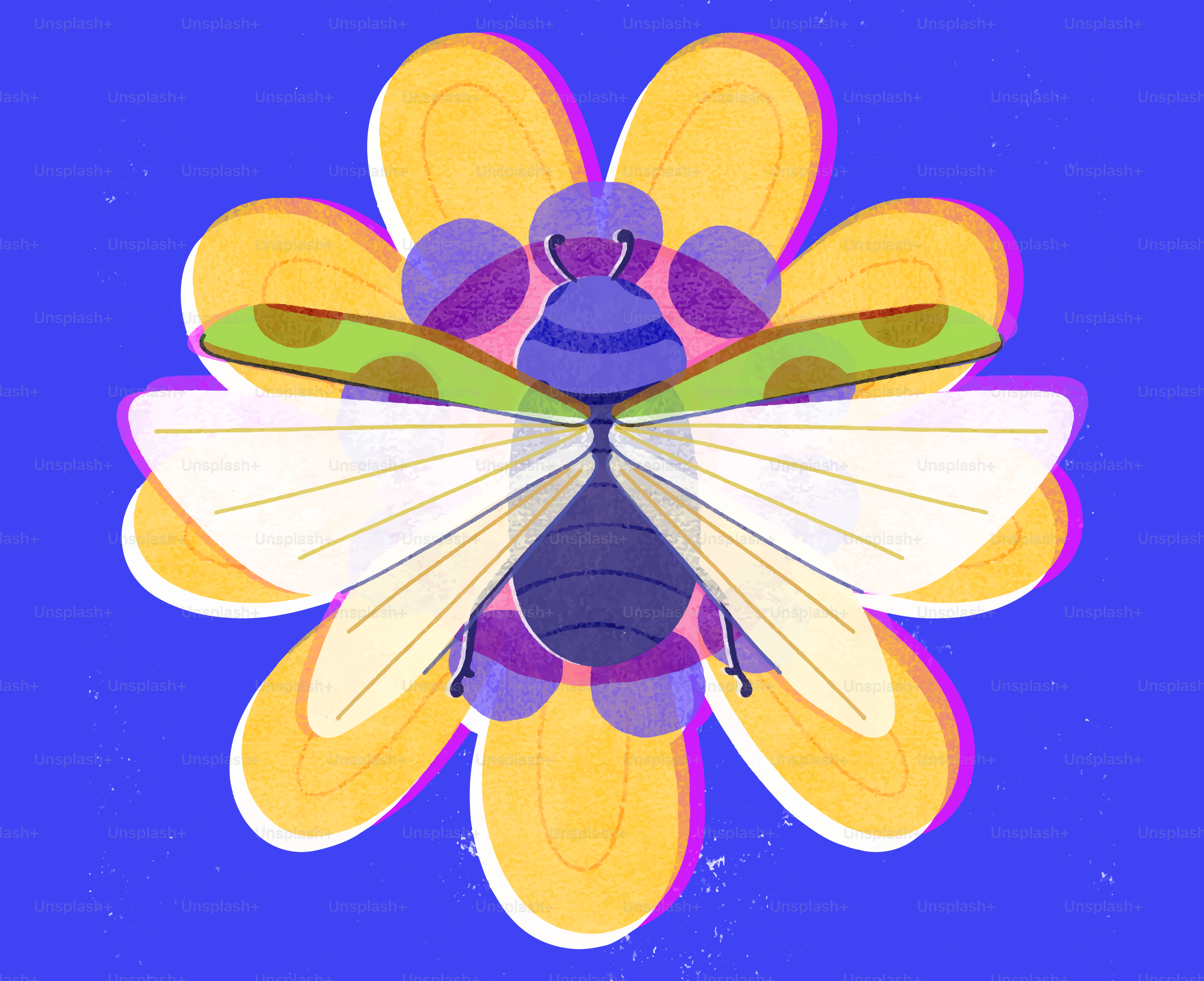 青の背景に黄色い花の上にスタイライズされた昆虫。