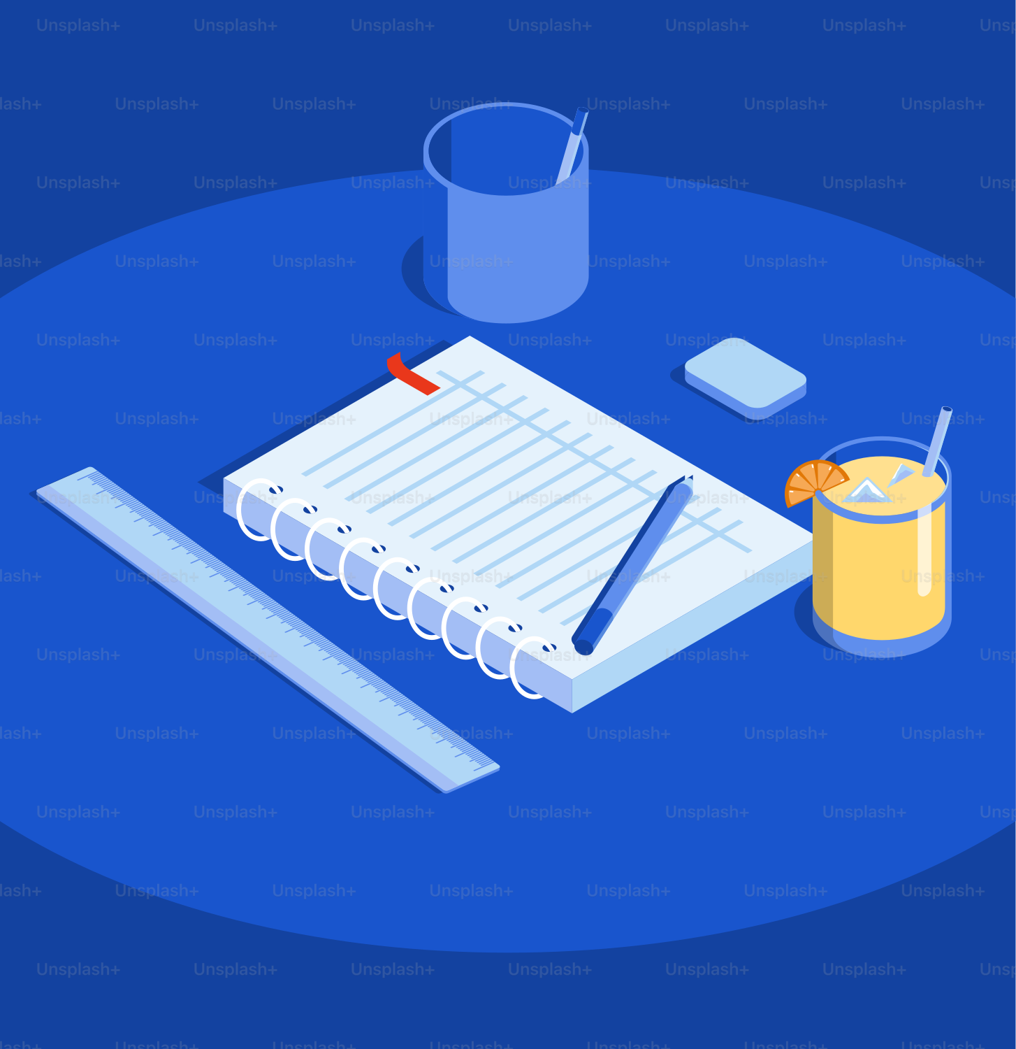 Desk with notebook, ruler, drink, and supplies vector – Illustration ...