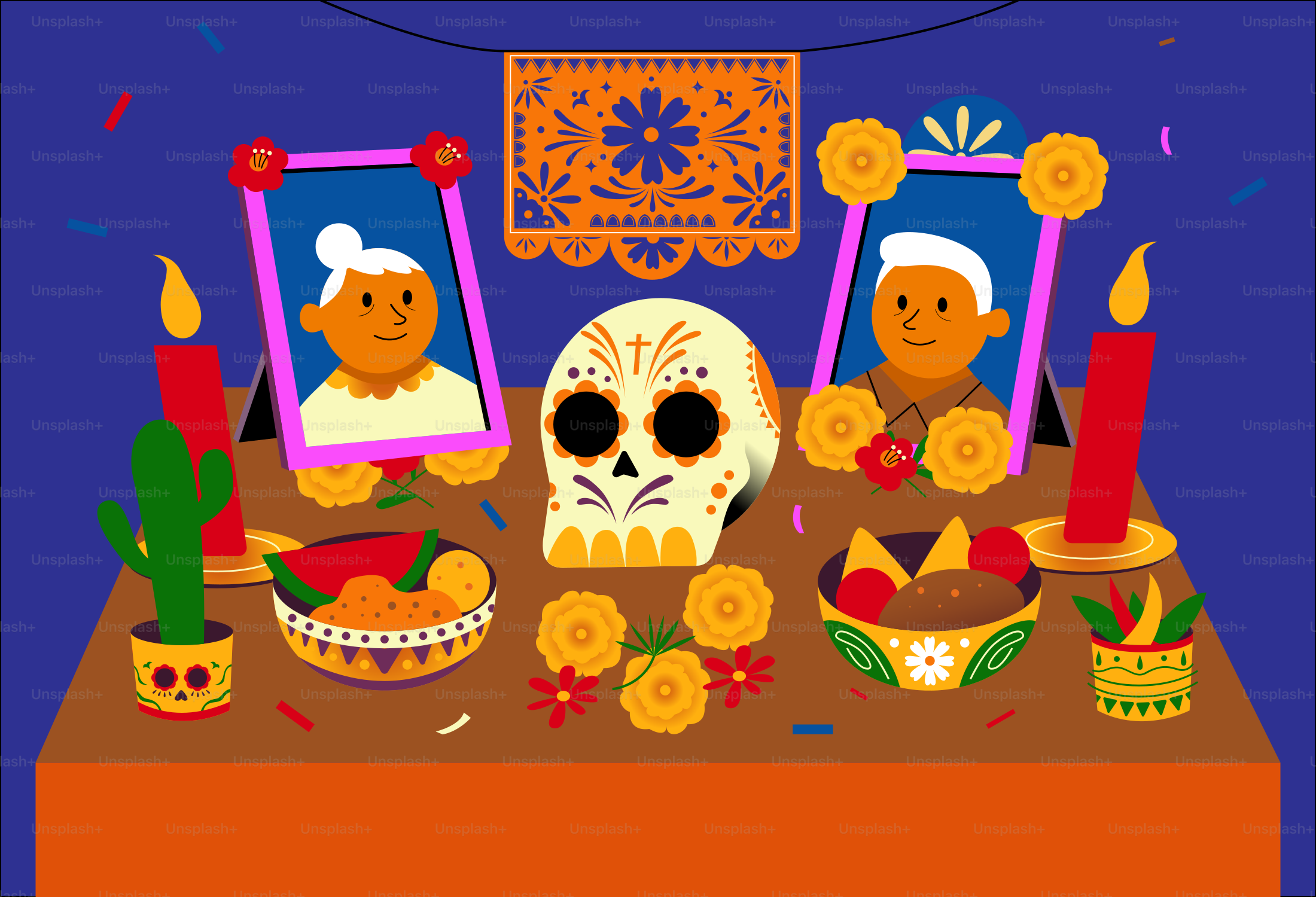 Day of the dead altar with sugar skull and photos.