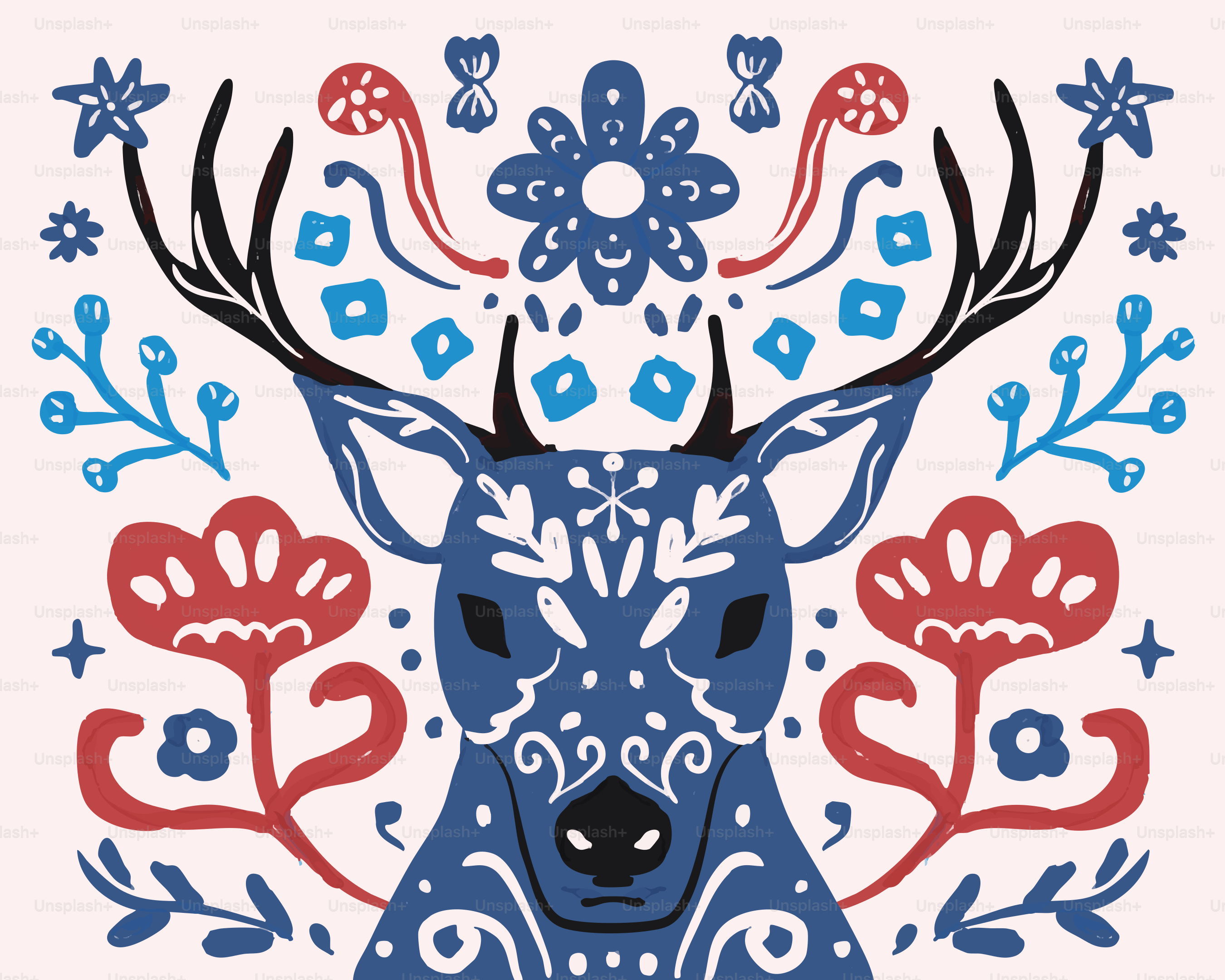 Stylized deer with folk art floral patterns