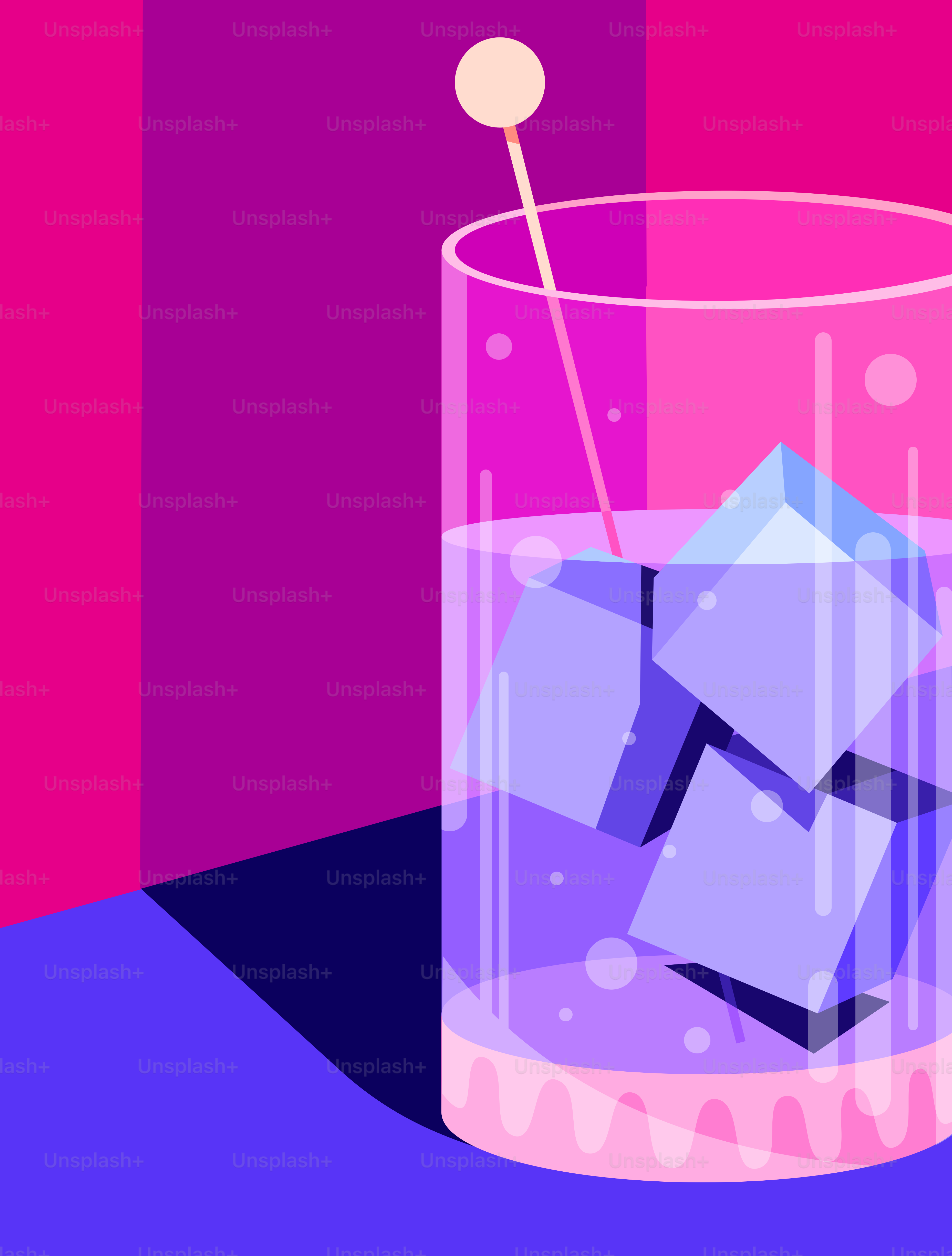 A tall glass of purple drink with ice cubes.