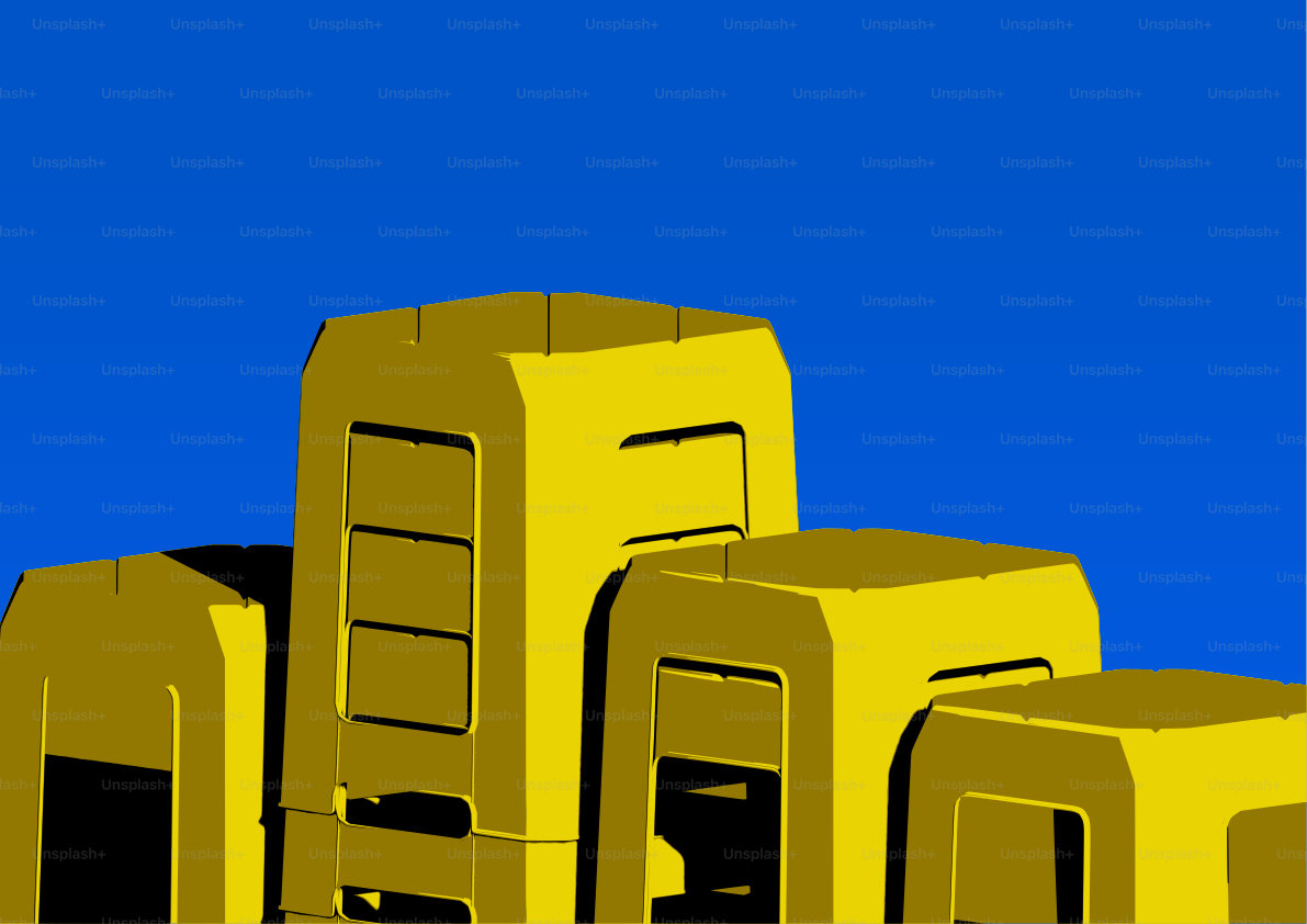 Four yellow stools against a blue sky