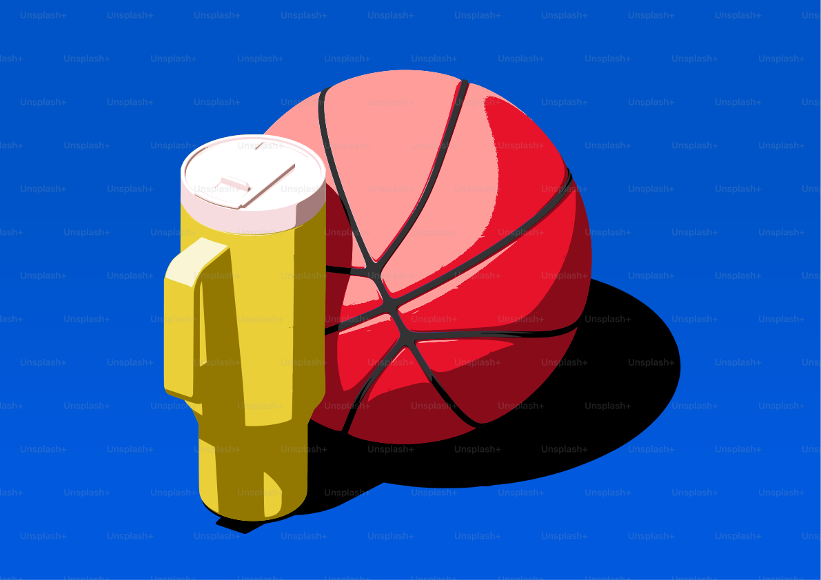 Taça amarela e basquete vermelha sobre fundo azul