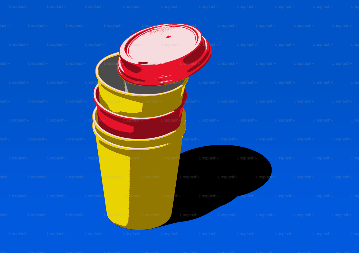 Stack of yellow and red disposable cups with lid