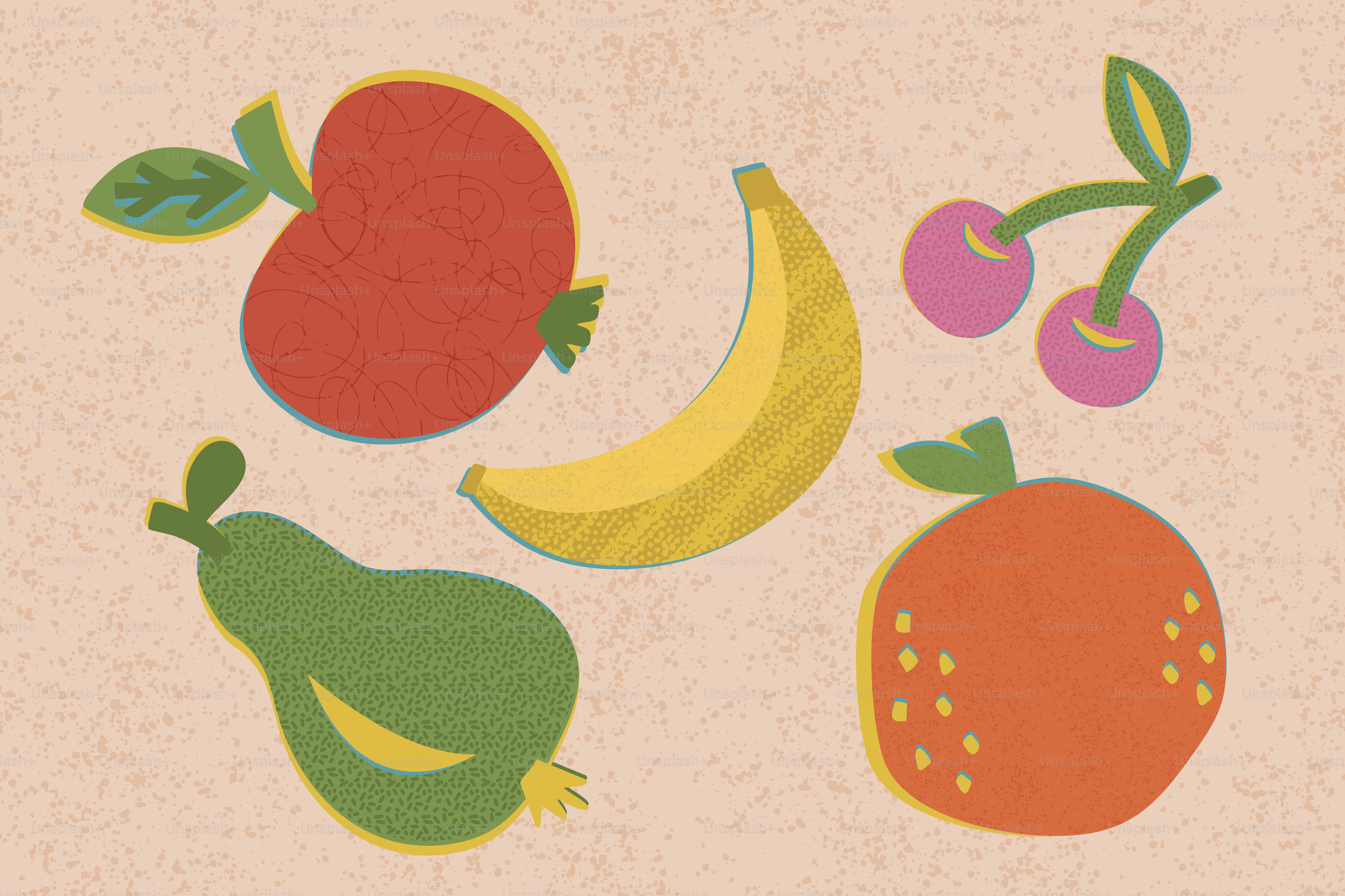 An apple, banana, cherries, pear, and orange.
