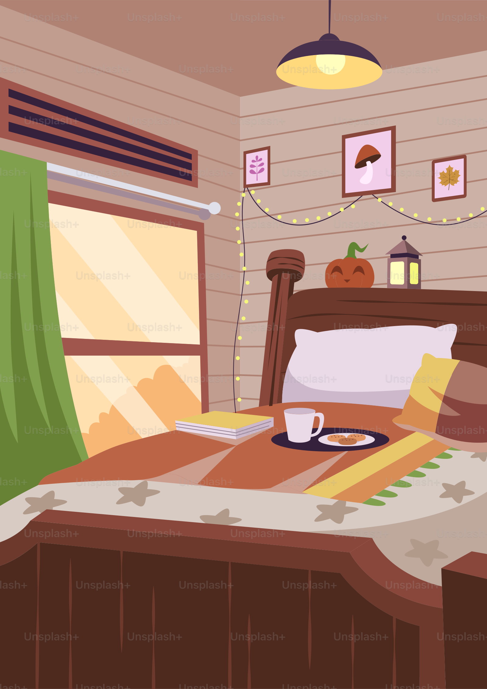 Camera accogliente con letto, finestra e decorazioni autunnali.