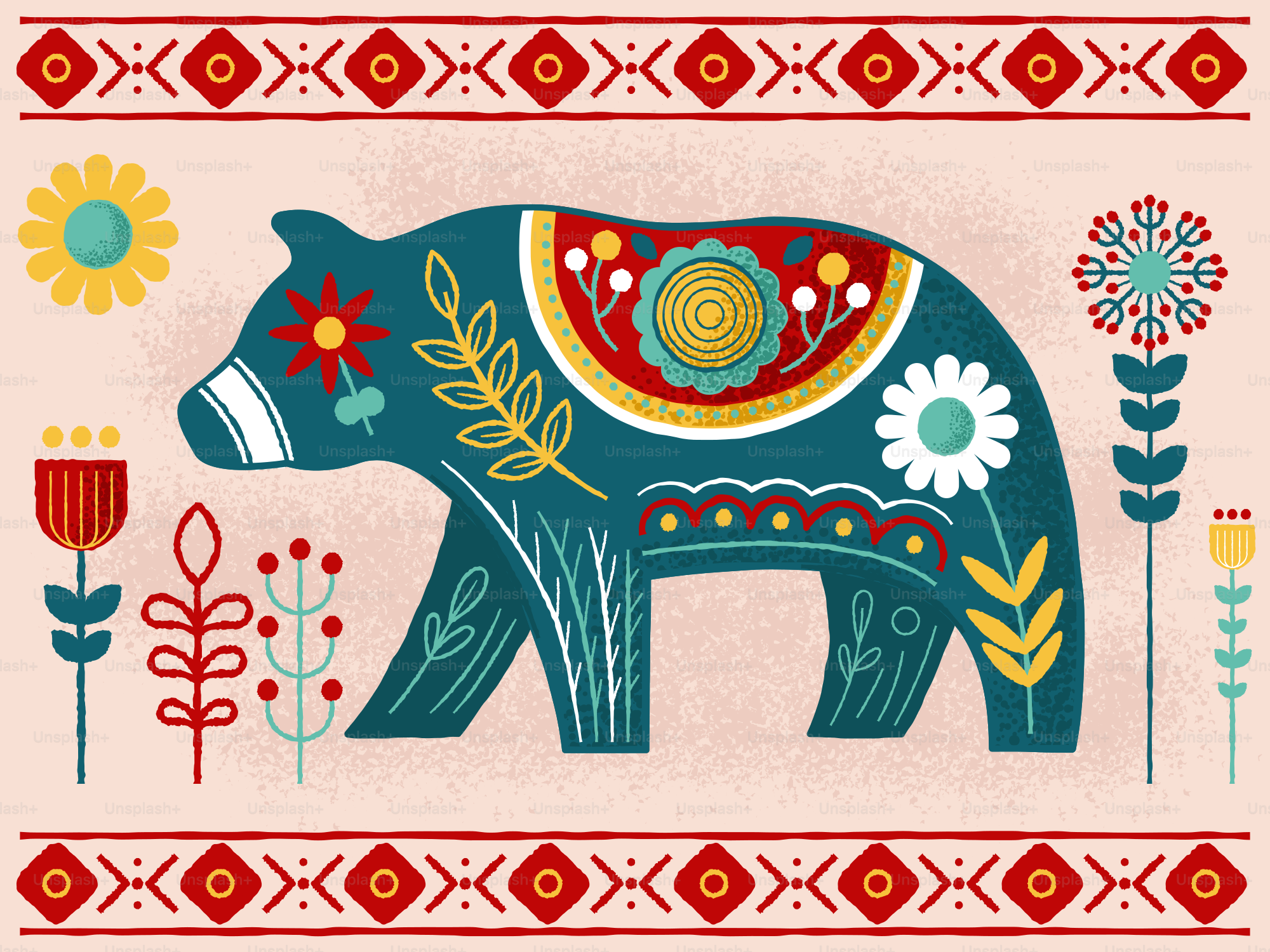 Un oso verde azulado decorado con flores y patrones de arte popular.