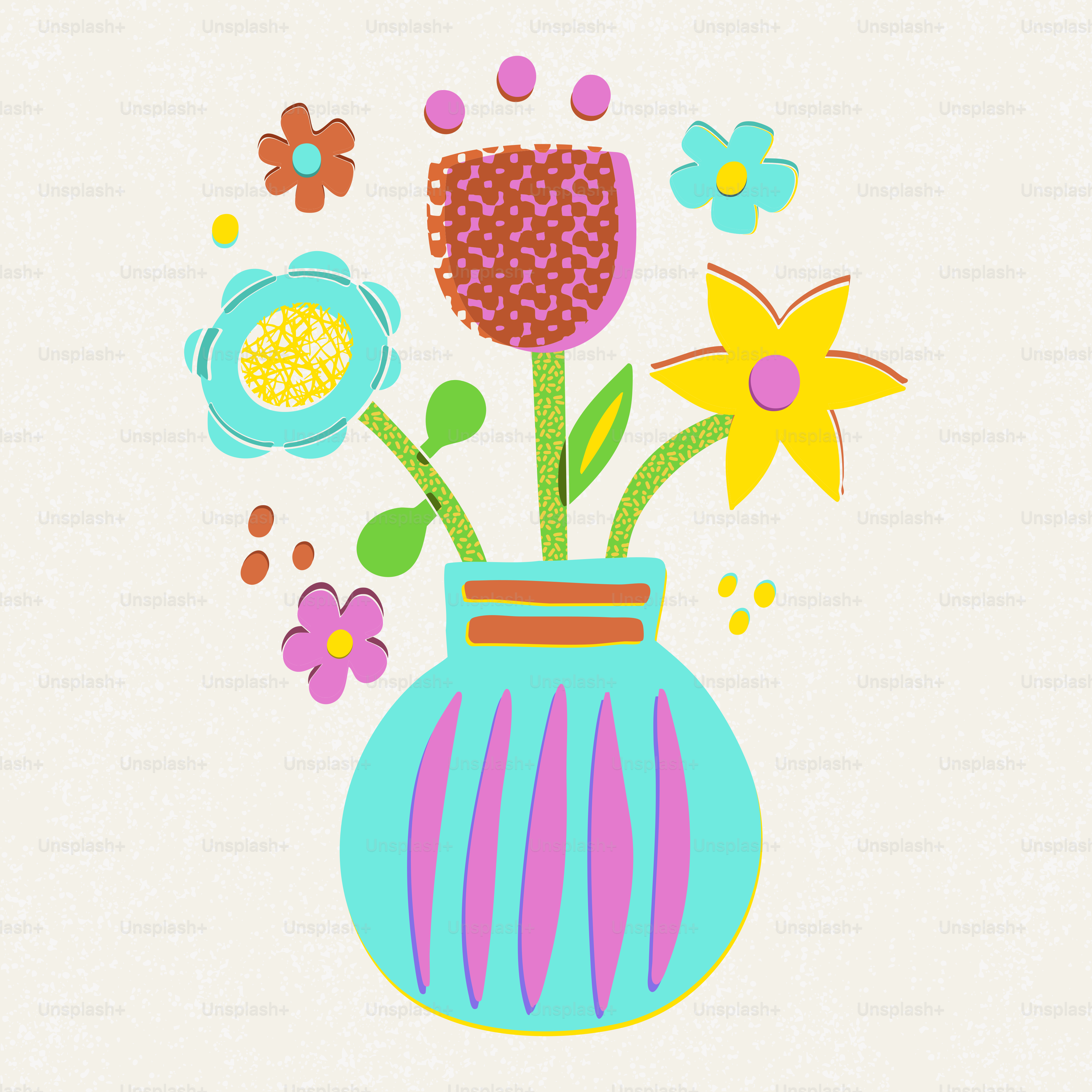Colorful cartoon flowers in a striped vase. vector – Flowers Image on  Unsplash, image size:3000x3000